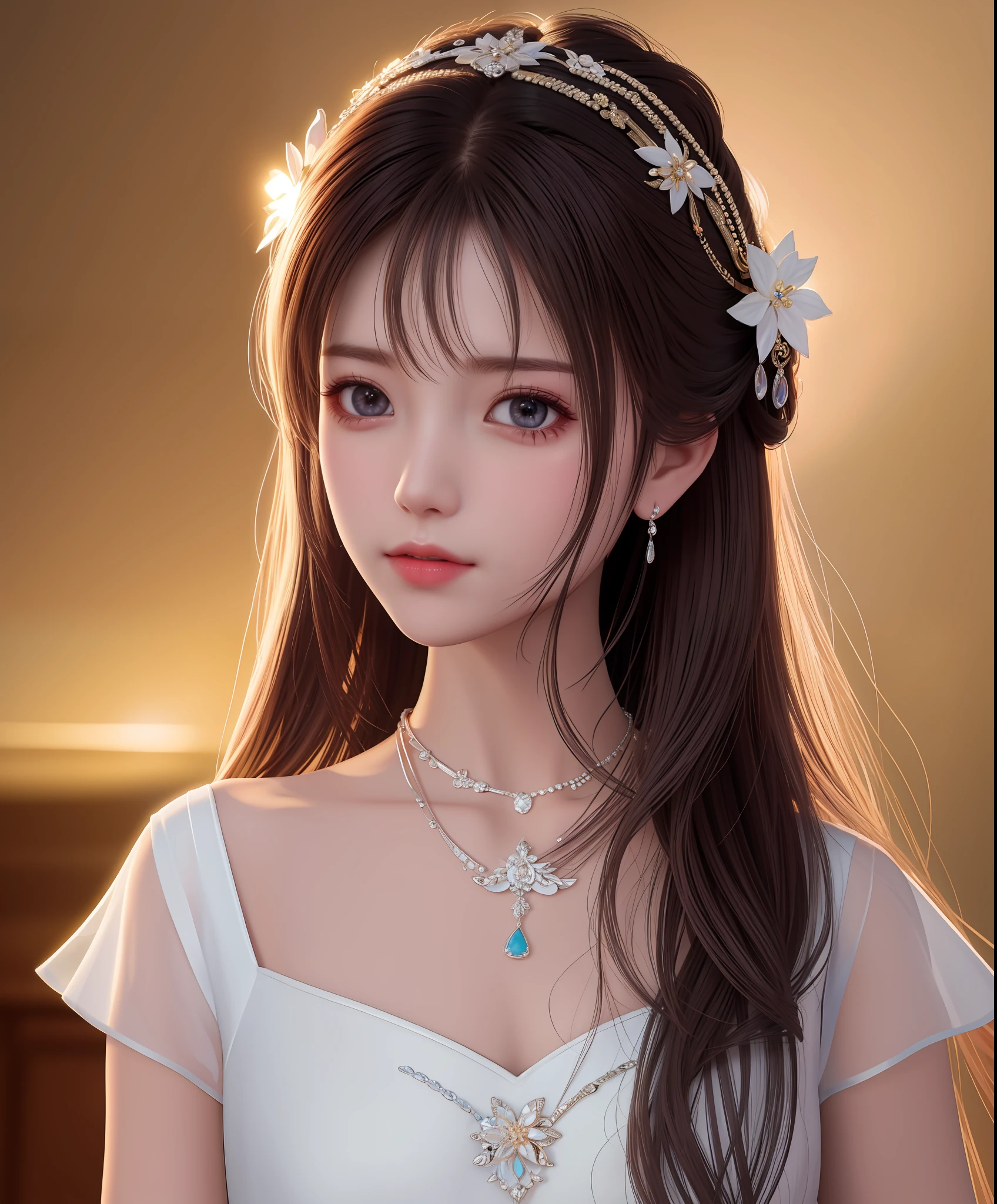 Best quality, masterpiece, high resolution, 1girl, porcelain dress, hair accessories, necklace, jewelry, beautiful face, on the body, Tyndall effect, realistic, dark studio, edge lighting, two-tone lighting, (high detail skin: 1.2), 8k UHD, dslr, soft light, high quality, volumetric light, candid, photo, high resolution, 4k, 8k, background blur,