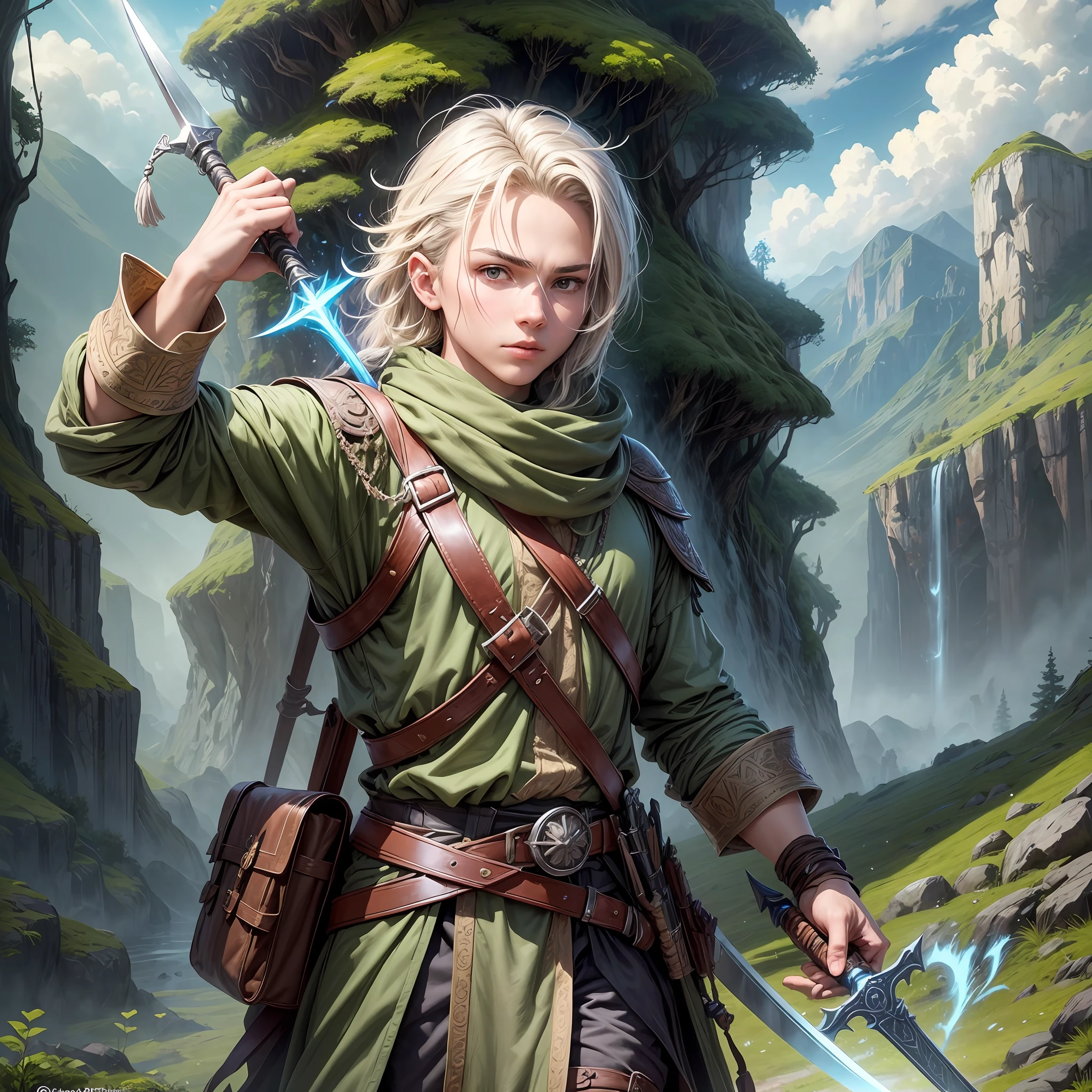 Please create an image of a young adventurer to illustrate my article. It should convey a sense of courage and determination. The adventurer should be in an exotic environment, such as a dense forest or an imposing mountain. He must be wearing practical clothes and equipped with a visibly impressive special weaponry. It can be an intricate sword, a futuristic bow and arrows, or any other type of weapon that suggests your skill and proficiency. Also, it would be interesting to include some fantasy or fiction elements, such as a mythical creature or some kind of magical power being used. Make sure the image is of high quality and has plenty of detail to impress readers. --auto --s2
