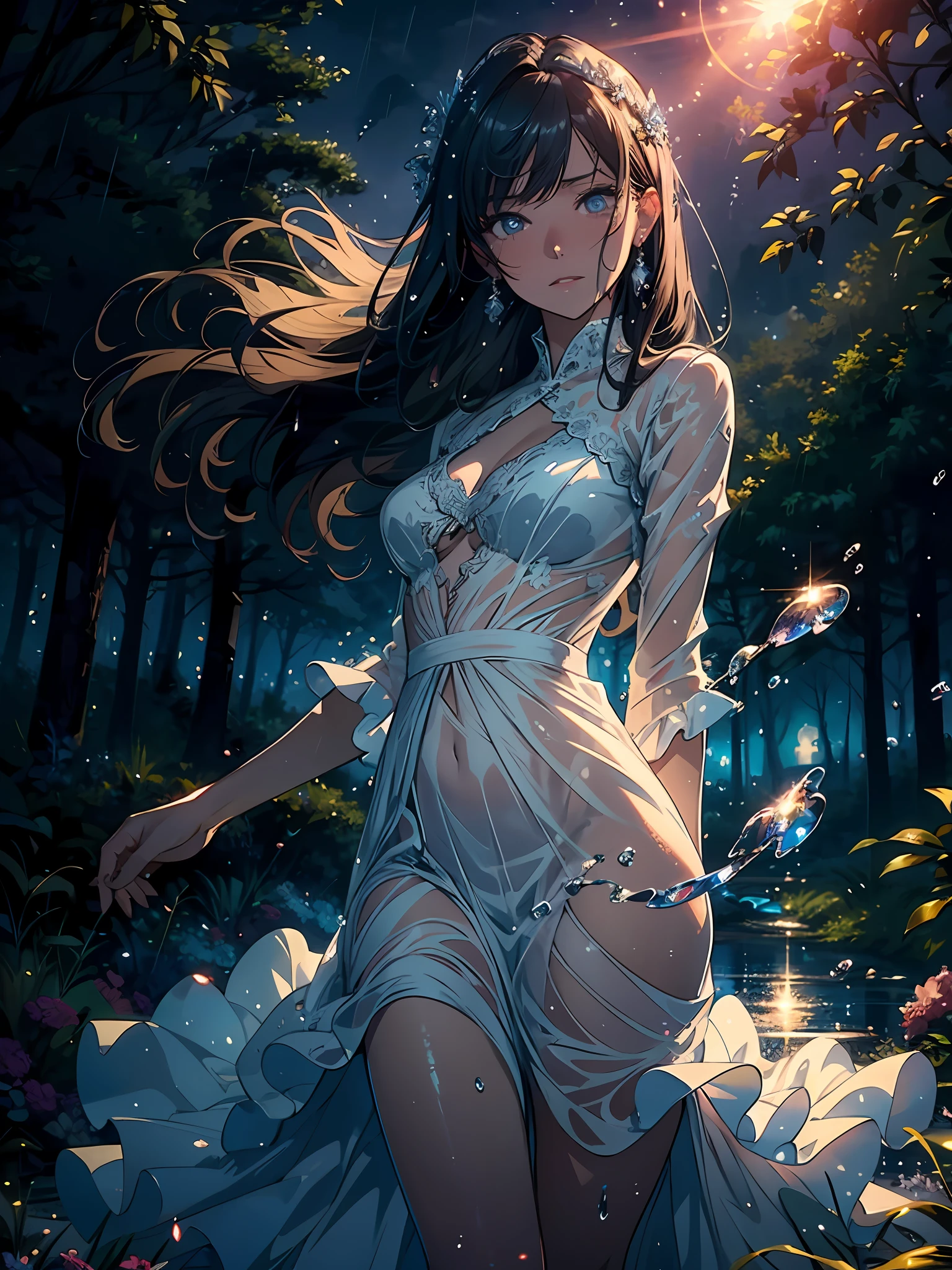 (masterpiece), (best quality), (ultra-detailed), (masterpiece),(highly detailed:1.2),scenery,soft lighting,shiny skin, extremely detailed cg,anime picture,high resolution, ray tracing,1 mature woman,white dress,scared expression,tear,
empty eyes,dancing,looking at sky,wind blowing upwards,luminous effect,transparent beauty, sparkling effect,rain,wet,fog, reflection effect,night sky,westland,crying,full body,1color eye
