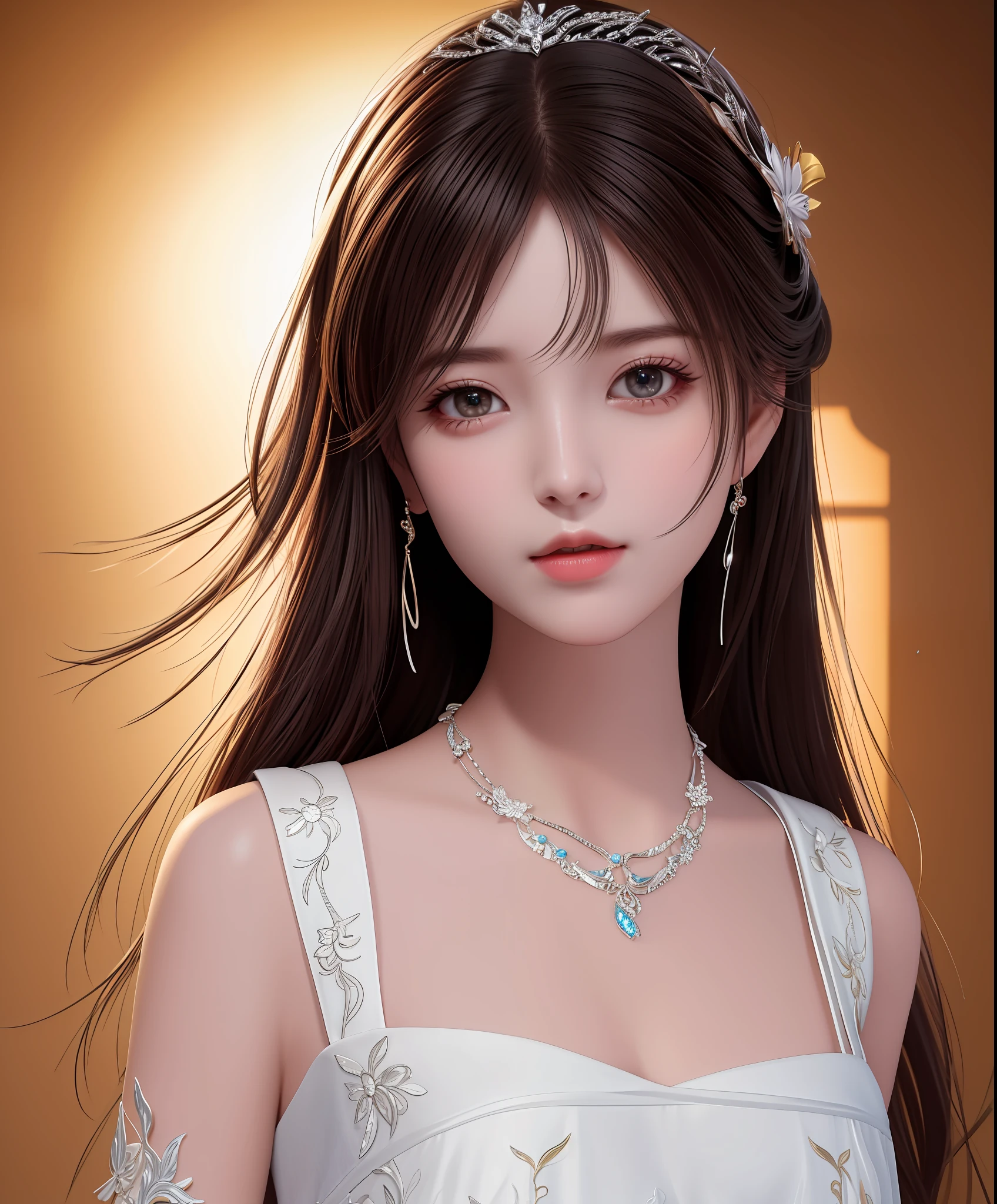 Best quality, masterpiece, high resolution, 1girl, porcelain dress, hair accessories, necklace, jewelry, beautiful face, on the body, Tyndall effect, realistic, dark studio, edge lighting, two-tone lighting, (high detail skin: 1.2), 8k UHD, dslr, soft light, high quality, volumetric light, candid, photo, high resolution, 4k, 8k, background blur,