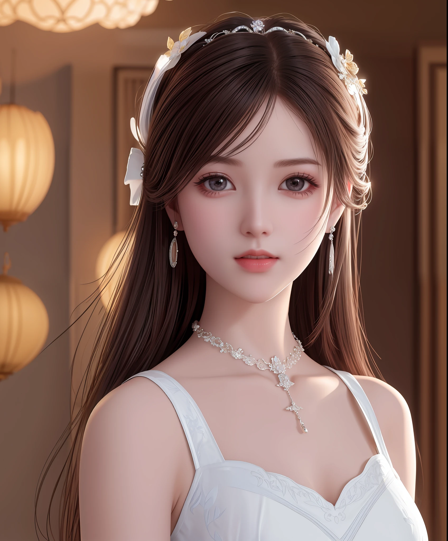 Best quality, masterpiece, high resolution, 1girl, porcelain dress, hair accessories, necklace, jewelry, beautiful face, on the body, Tyndall effect, realistic, dark studio, edge lighting, two-tone lighting, (high detail skin: 1.2), 8k UHD, dslr, soft light, high quality, volumetric light, candid, photo, high resolution, 4k, 8k, background blur,