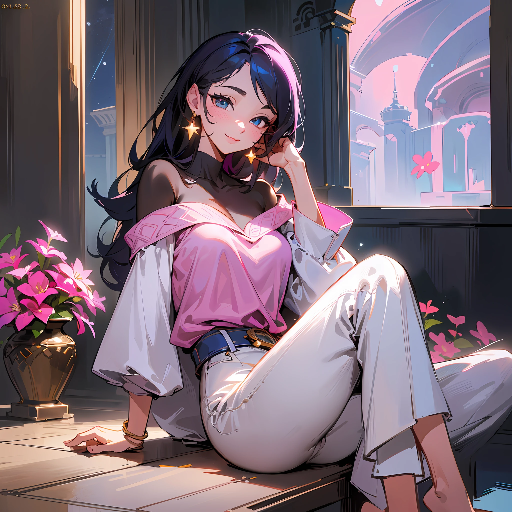 Jasmine, single woman, big tits , hug(( cat:pink , furry, cute. )) ((Skin Blue))(( yallow eyes)) ,solo, looking at the viewer, smile, shirt, bare shoulders, jewelry, sitting, full body, flower, earrings, pants, off shoulder, short top, make-up, sitting on the edge of the palace balcony, white tiles, night, stars , Off Shoulder Shirt (Realism: 1.2), (Realism), (Masterpiece: 1.2), (Best Quality), (Highly Detailed), (8k, 4k, Intricate), (Full Body Shot: 1), (85 mm), light particles, lighting, (highly detailed: 1.2), (face detailed: 1.2), (gradients), sfw, color, (eyes detailed: 1.2) (background detailed), landscape detailed, (dynamic angle: 1.2 ), (dynamic mode: 1.2), (third configuration rule: 1.3), (work path: 1.2) --style of Glen Keane