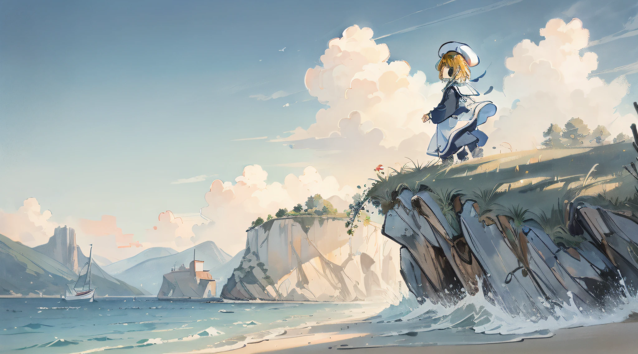 1 boy, boy, blonde, bob hair, sailor suit, hat, high quality, beautiful landscape