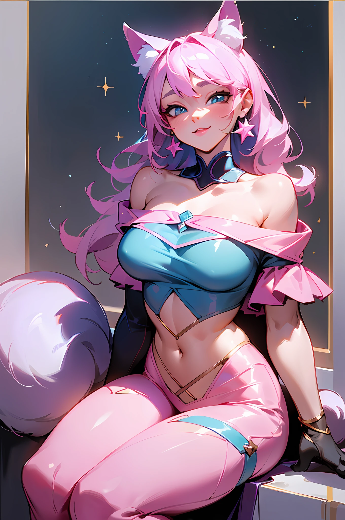 1woman kiss 2catgirl, big tits , hug(( cat:pink , furry, cute. )) ((Skin Blue))(( yallow eyes)) ,solo, looking at the viewer, smile, shirt, bare shoulders, jewelry, sitting, full body, flower, earrings, pants, off shoulder, short top, make-up, sitting on the edge of the palace balcony, white tiles, night, stars , Off Shoulder Shirt (Realism: 1.2), (Realism), (Masterpiece: 1.2), (Best Quality), (Highly Detailed), (8k, 4k, Intricate), (Full Body Shot: 1), (85 mm), light particles, lighting, (highly detailed: 1.2), (face detailed: 1.2), (gradients), sfw, color, (eyes detailed: 1.2) (background detailed), landscape detailed, (dynamic angle: 1.2 ), (dynamic mode: 1.2), (third configuration rule: 1.3), (work path: 1.2) --style of Glen Keane