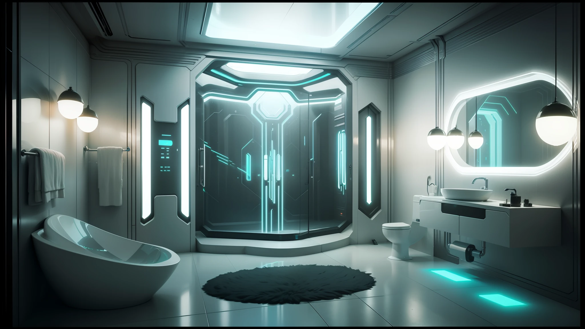 there is a futuristic bathroom with a large shower and a sink, futuristic. game cg, futuristic room, cyberpunk apartment, futuristic interior, futuristic decor, retro futuristic apartment, in a cyberpunk themed room, futuristic room background, cgsociety unreal engine, interior of a bathroom, unreal engine 5 : :, the cyberpunk apartment, cgsociety 9, altered carbon style --auto --s2