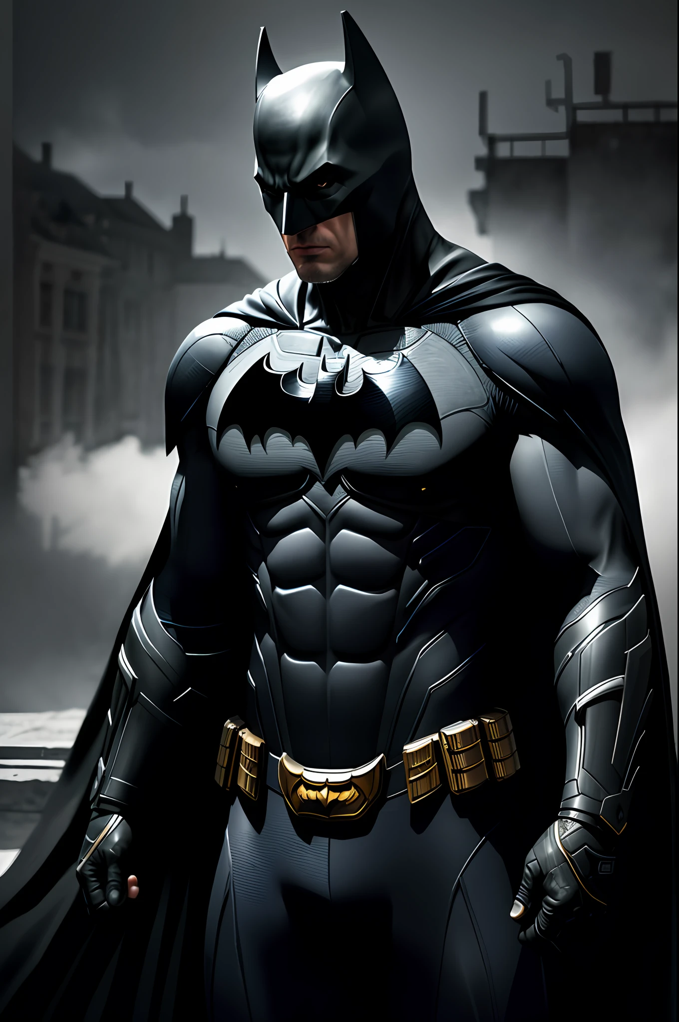 (8k, RAW photo, best quality, masterpiece: 1.2), ultra-detailed, formal art, photorealism: 1.37, upper body shot, DC Batman, film grain, action pose