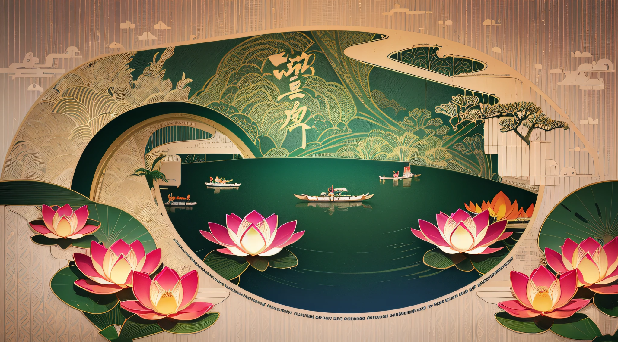 (Dragon Boat Festival, Dragon Boat, Zongzi, Landscape, Poster Background, Poster Illustration, Poster Design, Lotus Bloom, Shadow, Stereogram, Tachi-E, POV, Atmospheric Perspective, Best Quality, High Resolution, UHD)