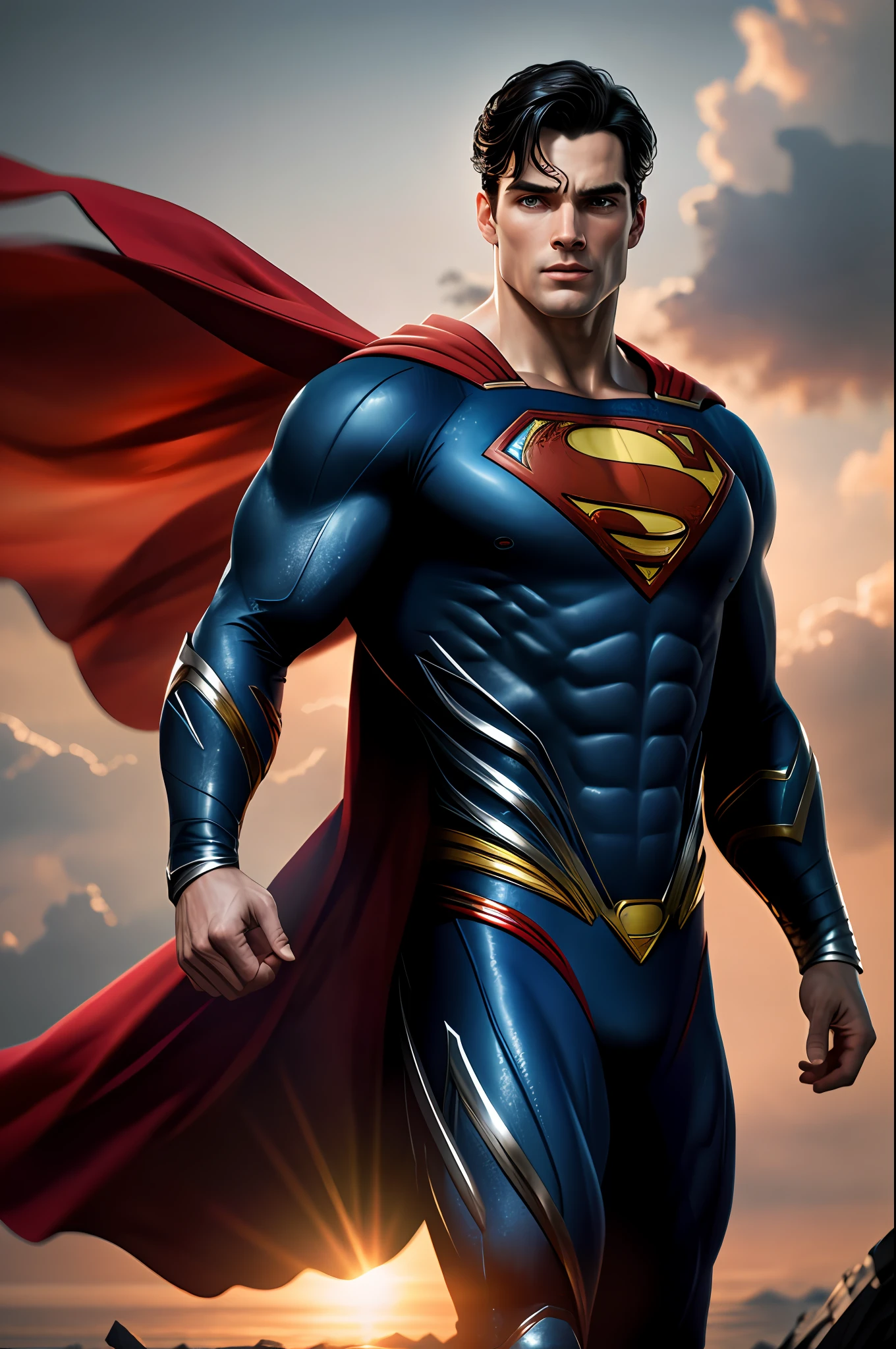 (8k, RAW photo, best quality, masterpiece: 1.2), ultra-detailed, formal art, photorealism: 1.37, upper body shot, DC Superman, film grain, action pose