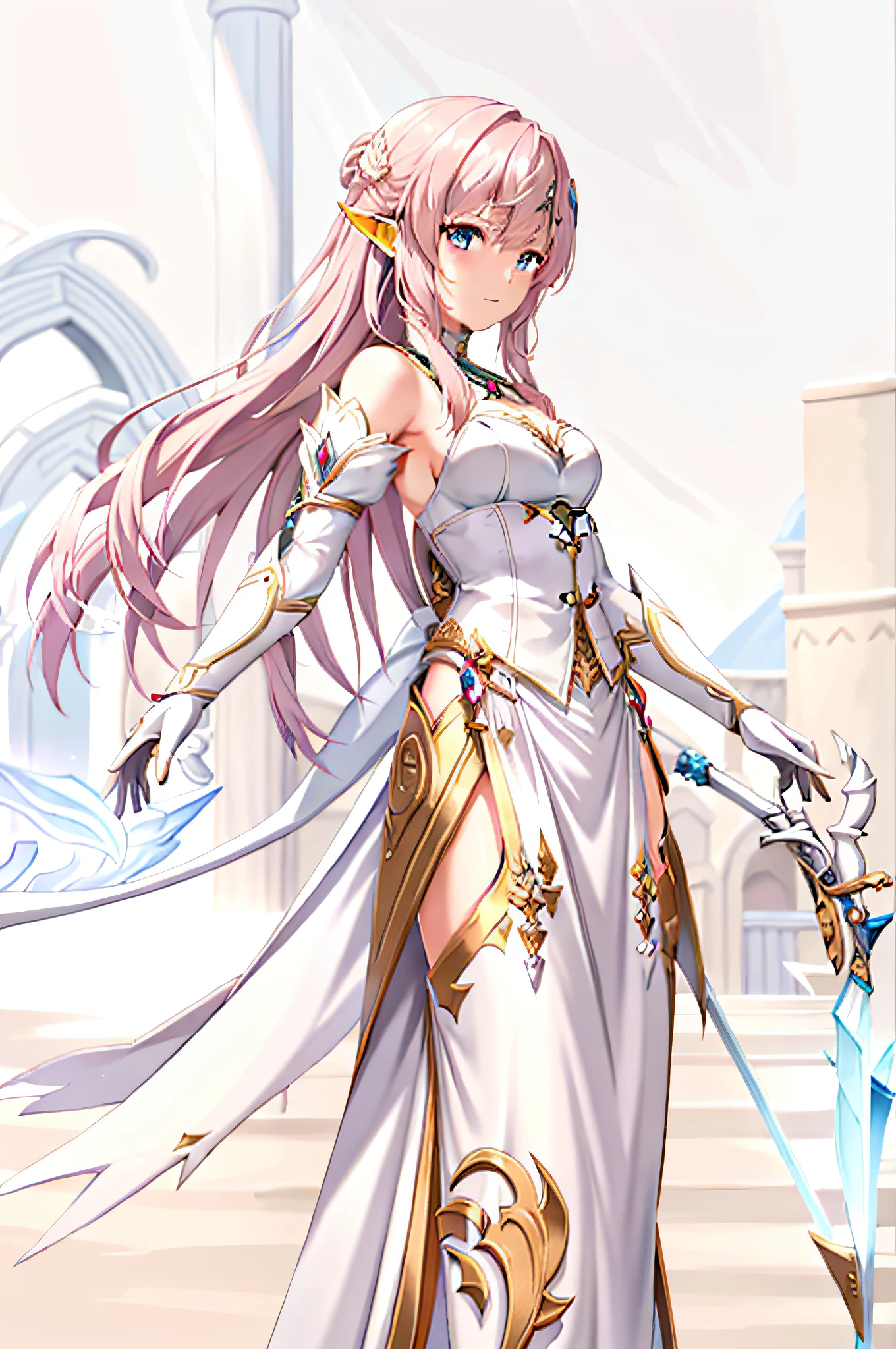 White dress and sword, bow and arrow x1.2. Anime goddess, Genshin character Keqing, dressed as fairy tales, like elf princess knights, portrait knights in the zodiac, beautiful magical girls, Genshin character Zhongli, Ayaka Genshin in the girls of Sakura Sho, dim background.