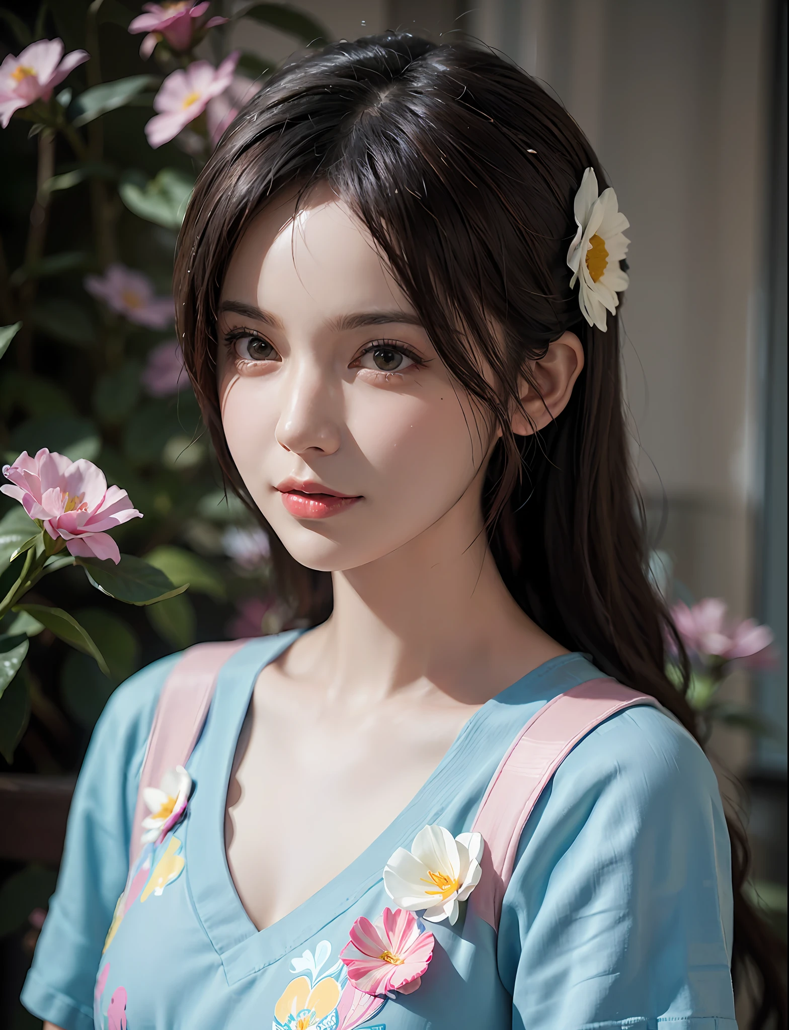 (((flowers splash at side and background))) , t-shirt design, in the style of realistic, ((pastel tetradic colors)), cute and quirky, fantasy art,  bokeh, soft lighting, camera face view, retro aesthetic, focused on the character, 4K resolution, photo realistic, dynamic lighting, artstation, poster, volumetric lighting, very detailed faces , camera face , focus at face , life expression ,
