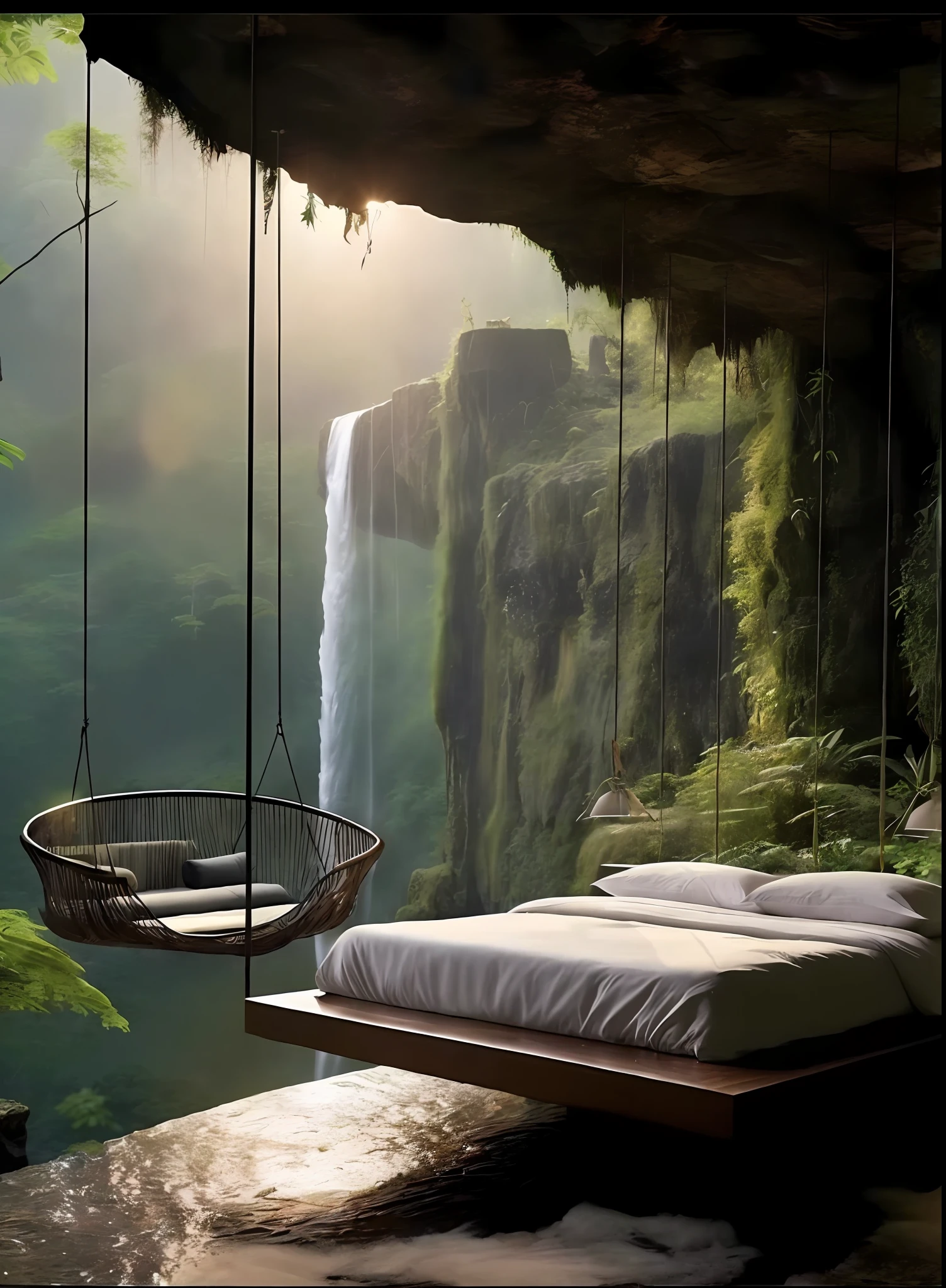 there is a bed with a swing hanging from it in a cave, setting in nature, relaxing environment, stunning nature in background, magical environment, nature wallpaper, mountainous jungle setting, cave with waterfall, jungle nature, jungle setting, forest and waterfall, next to a waterfall, beautiful jungle, very close to real nature, floating waterfalls, fantasy setting