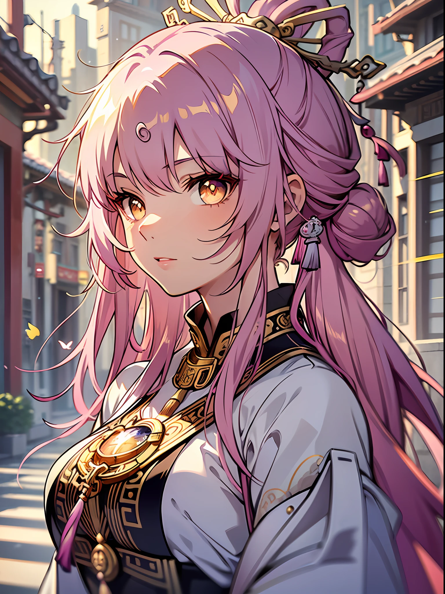 (illustration style, exquisite masterpiece, best picture quality), a anime girl wearing a Chinese Tang Dynasty court costume, bright eyes and teeth, pink hair in a bun, fluttering hem, golden hair ornament, light golden eyes and small chest, dynamic posture, picture in line with the golden ratio, large aperture portrait, white space, strong light and shadow contrast), bright tone, dignified and elegant, slanting sun at dusk, ancient city background, background bokeh, classical style, white and pink as the main tone