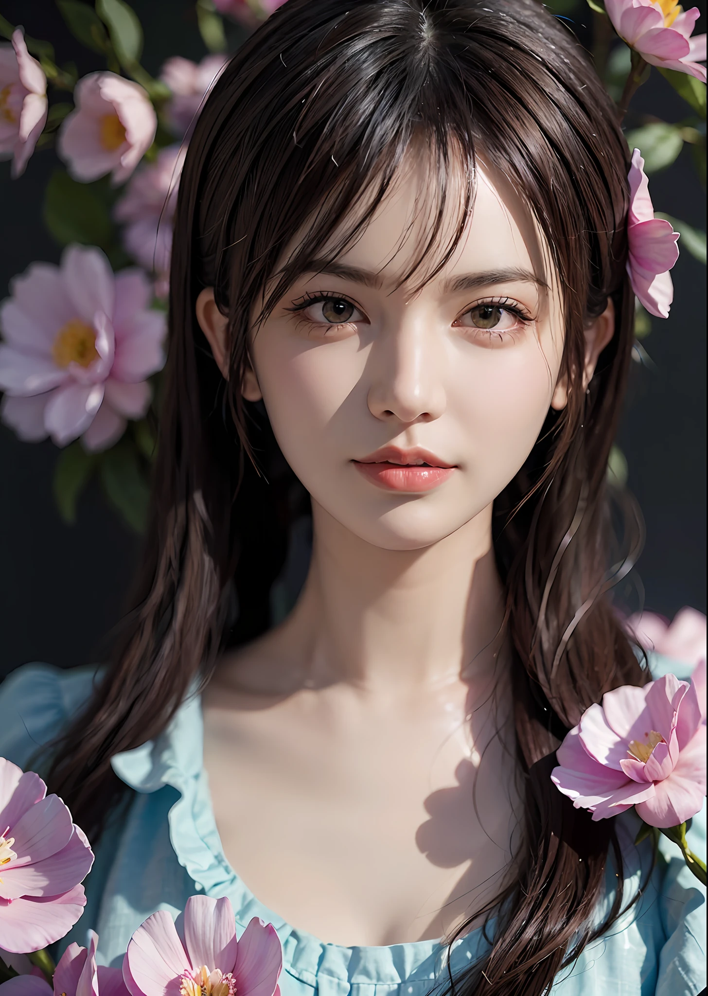 (((flowers splash at side and background))) , t-shirt design, in the style of realistic, ((pastel tetradic colors)), cute and quirky, fantasy art, bokeh, soft lighting, camera face view, retro aesthetic, focused on the character, 4K resolution, photo realistic, dynamic lighting, artstation, poster, volumetric lighting, very detailed faces , camera face , focus at face , life expression ,