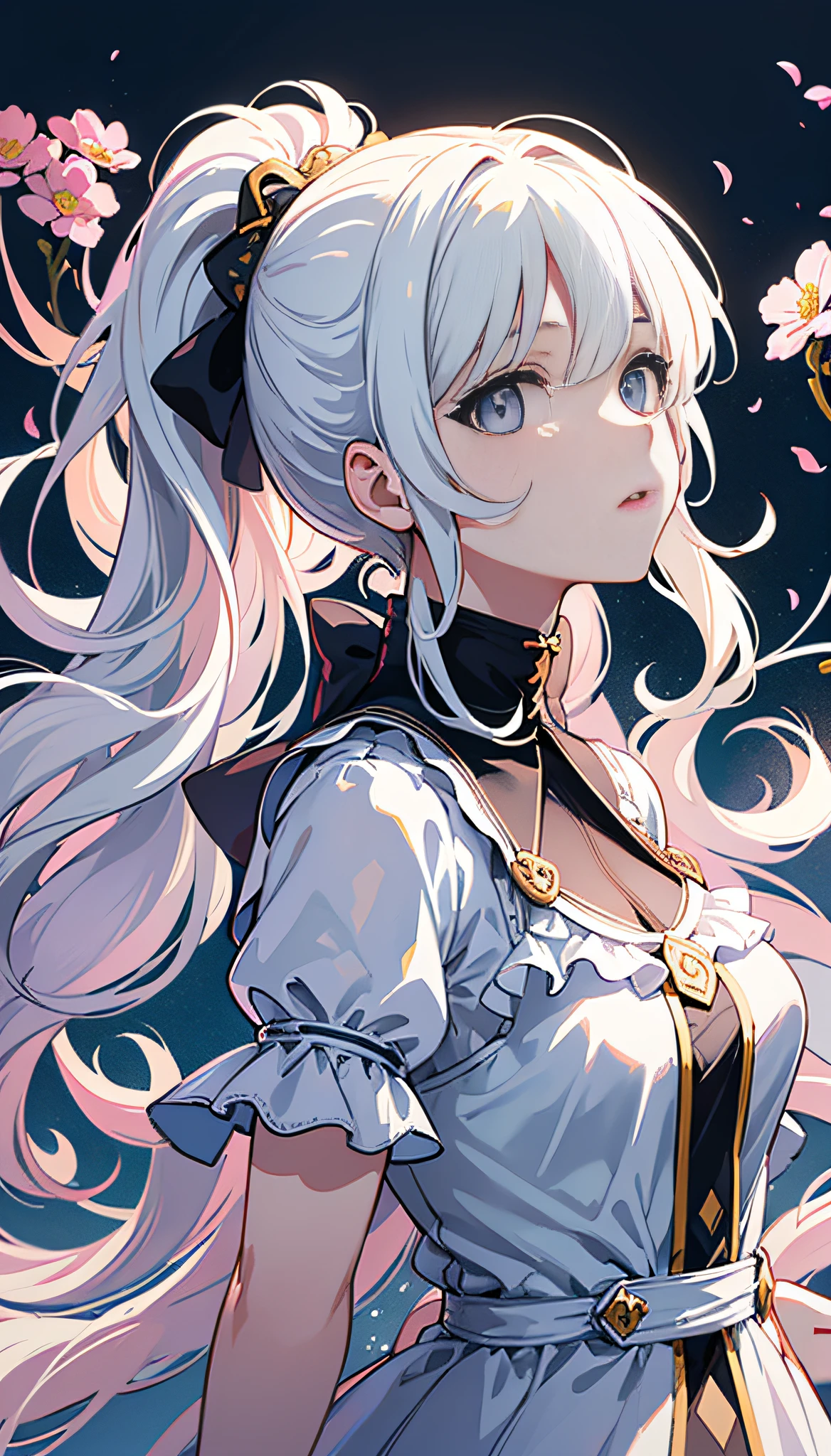 (masterpiece), (best quality), (ultra detailed),(disheed hair),(illustration), (1girl), (Fashionable clothing), standing, Fashion model, looking at viewer, (interview), (simple background), beautiful and delicate eyes, delicate beauty, floating, (high saturation), (shine), focus on face, ponytail, Ayaka Kamisato, white hair, bangs, hair circle, floating flowers, flowing hair, (shiny), best lighting, best shadow, upper body, flowing slip dress, clean background
