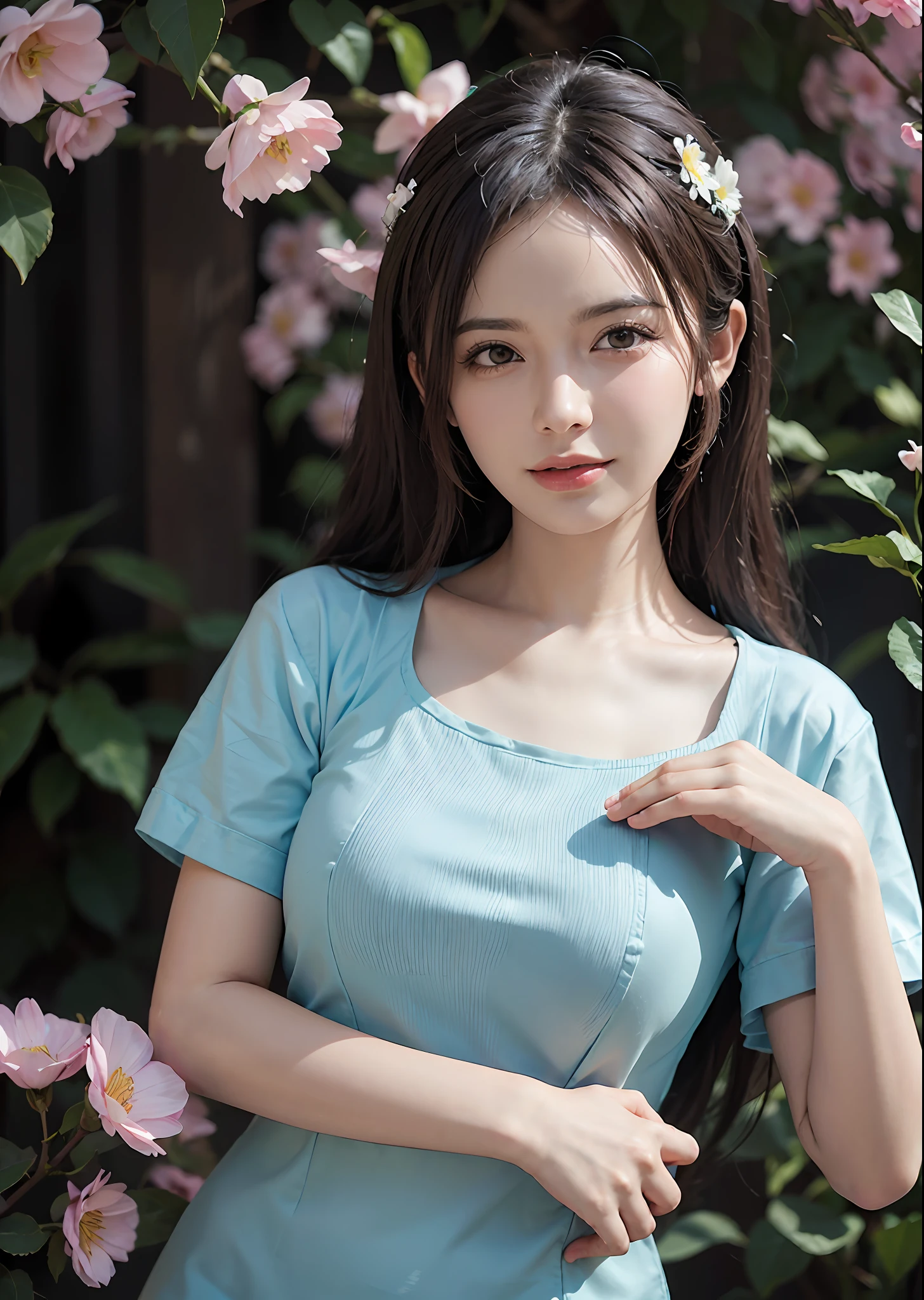 (((flowers splash at side and background))) , t-shirt design, in the style of realistic, ((pastel tetradic colors)), cute and quirky, fantasy art, bokeh, soft lighting, camera face view, retro aesthetic, focused on the character, 4K resolution, photo realistic, dynamic lighting, artstation, poster, volumetric lighting, very detailed faces , camera face , focus at face , life expression ,