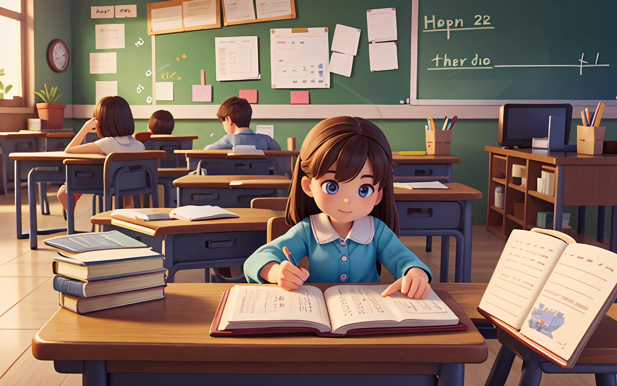 Open books, pens,hands, illustrations,Close-up screen,classroom background