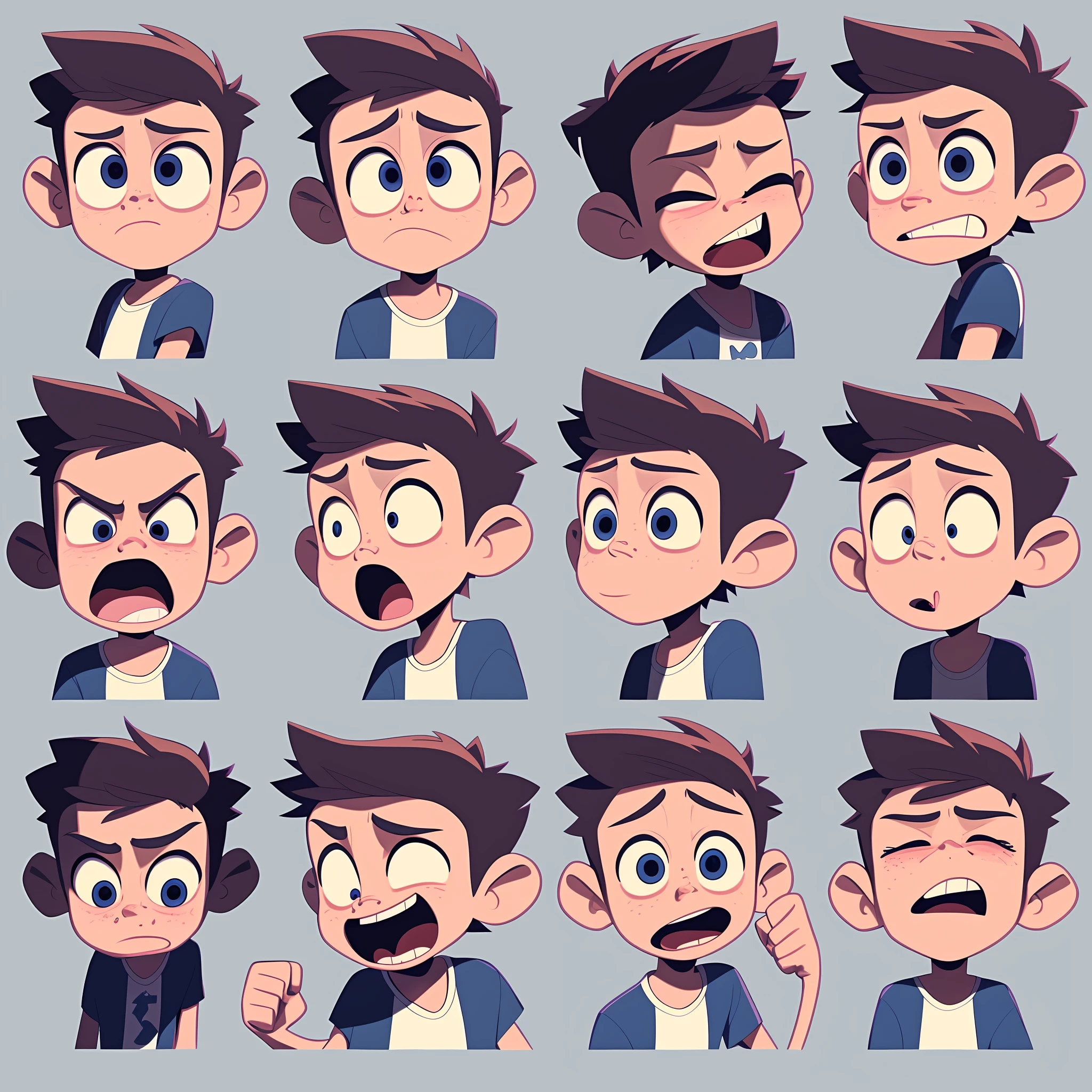 cartoon character expressions of a boy with different facial expressions, expressions, facial expressions, detailed facial expressions, detailed facial expression, micro expressions, high quality character design, facial expression, animated character design, stylized character design, cartoon style illustration, 2 d illustration, 2d illustration, realistic facial expression, cartoon art style, male character design, face variations