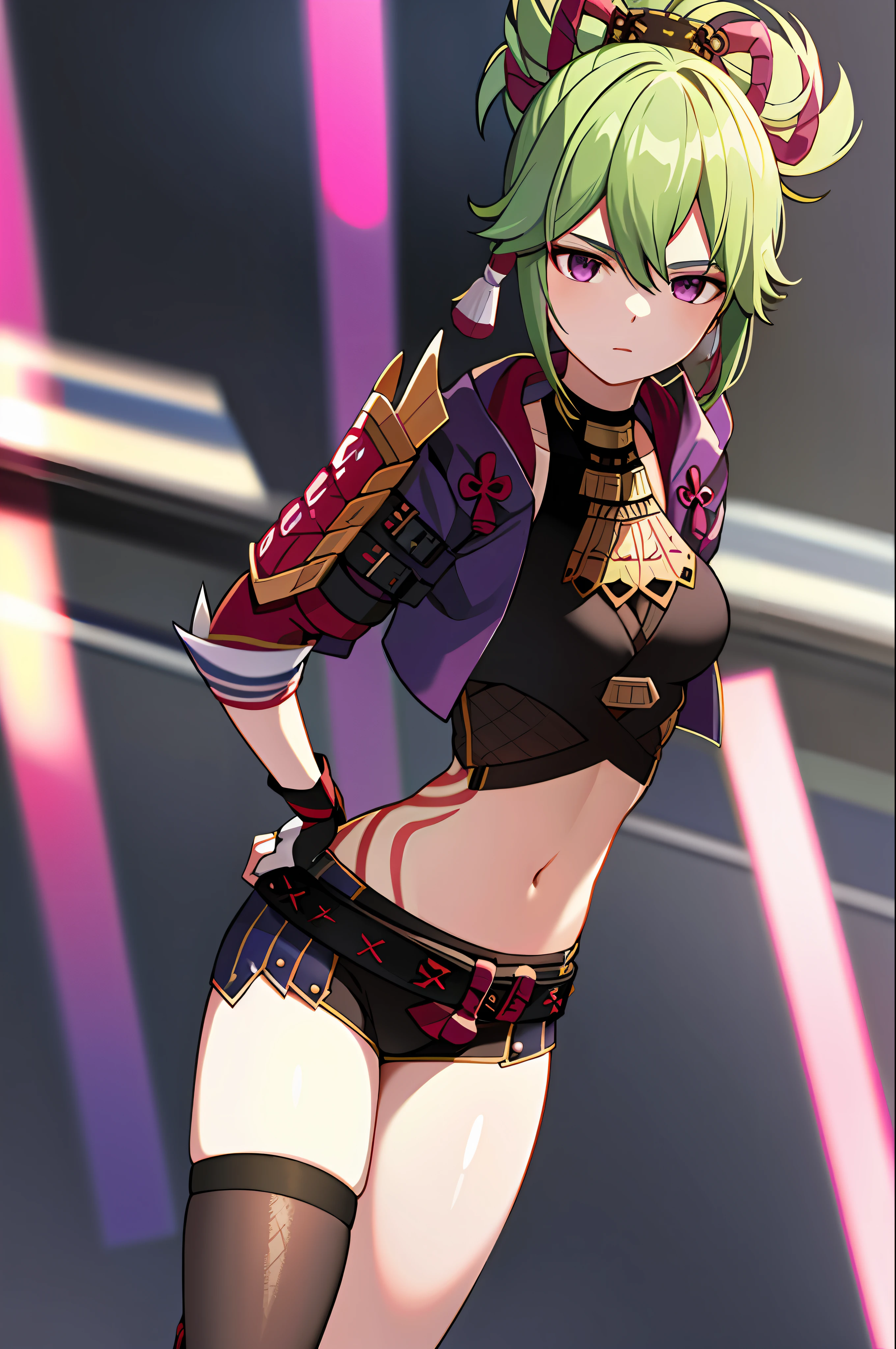 Masterpiece, best quality, KShinobuV4, 1girl, solo, breasts, looking at the audience, simple background, stockings, gloves, white background, navel, hair between the eyes, standing, jacket, full body, shorts, belly, belly, armor, crop top, hands on hips, shorts, mask, black shorts, fishing nets, rope, cropped jacket, purple jacket,