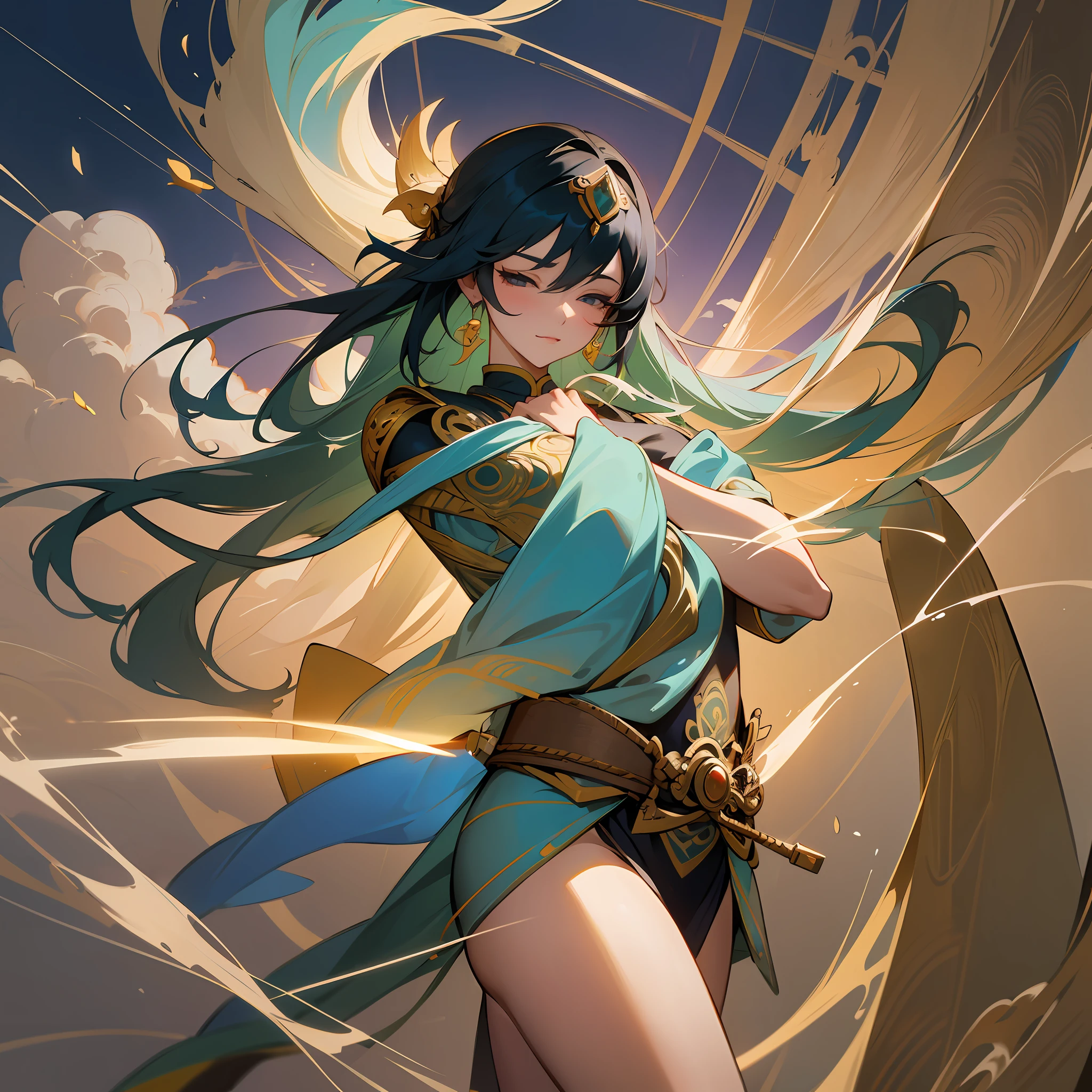 1girl, Dunhuang flying costume, messy long hair, ji jian, Dunhuang style, a lot of smoke, exquisite, elegant colors, (realistic, high detail, masterpiece, super detailed, dynamic angle, mural background, ink, amazing, movie lighting, illustration, chiaroscuro, backlight, god ray, holland, best quality, best quality, real person, real --auto --s2