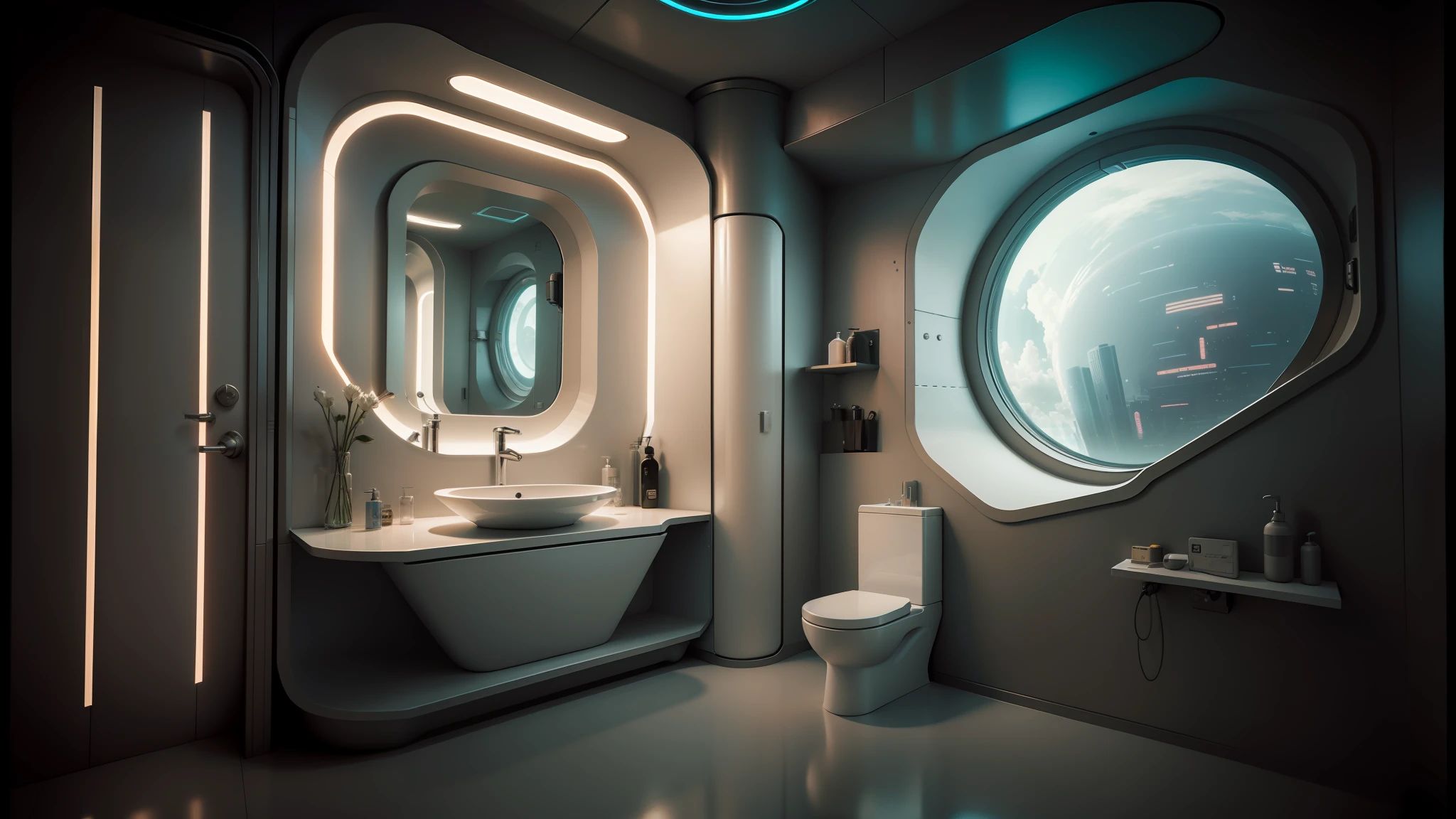 there is a bathroom with a toilet, sink, and a round window, futuristic interior, futuristic room background, futuristic room, futuristic decor, cyberpunk apartment, retro futuristic apartment, futuristic. game cg, room of a spacecraft, cgsociety 9, sci - fi interior, cyberpunk ikea, the cyberpunk apartment, futuristic environment, futuristic ambiance, futuristic space ship interrior --auto --s2
