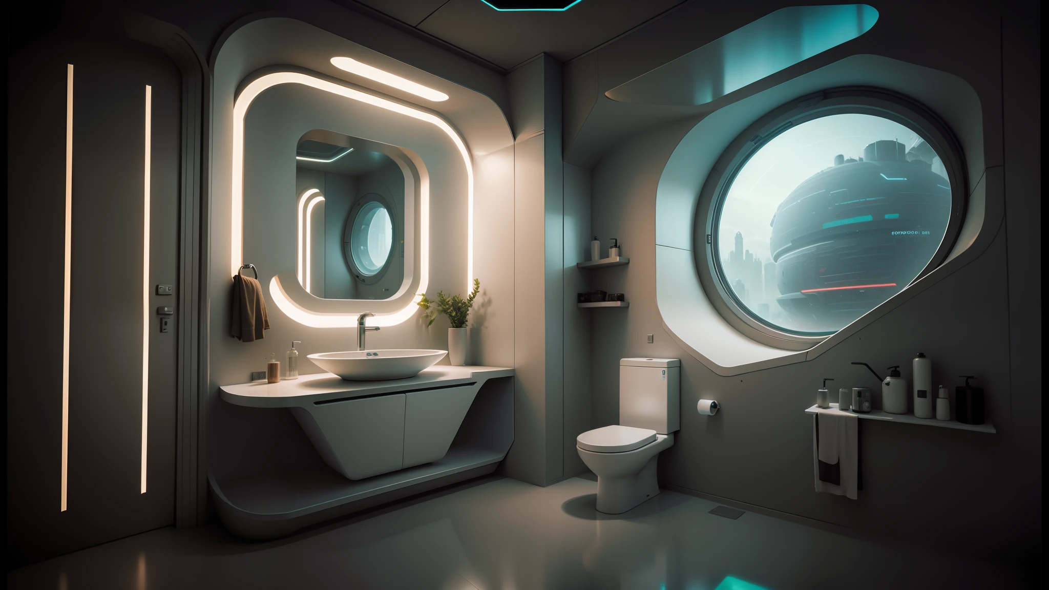 there is a bathroom with a toilet, sink, and a round window, futuristic interior, futuristic room background, futuristic room, futuristic decor, cyberpunk apartment, retro futuristic apartment, futuristic. game cg, room of a spacecraft, cgsociety 9, sci - fi interior, cyberpunk ikea, the cyberpunk apartment, futuristic environment, futuristic ambiance, futuristic space ship interrior --auto --s2