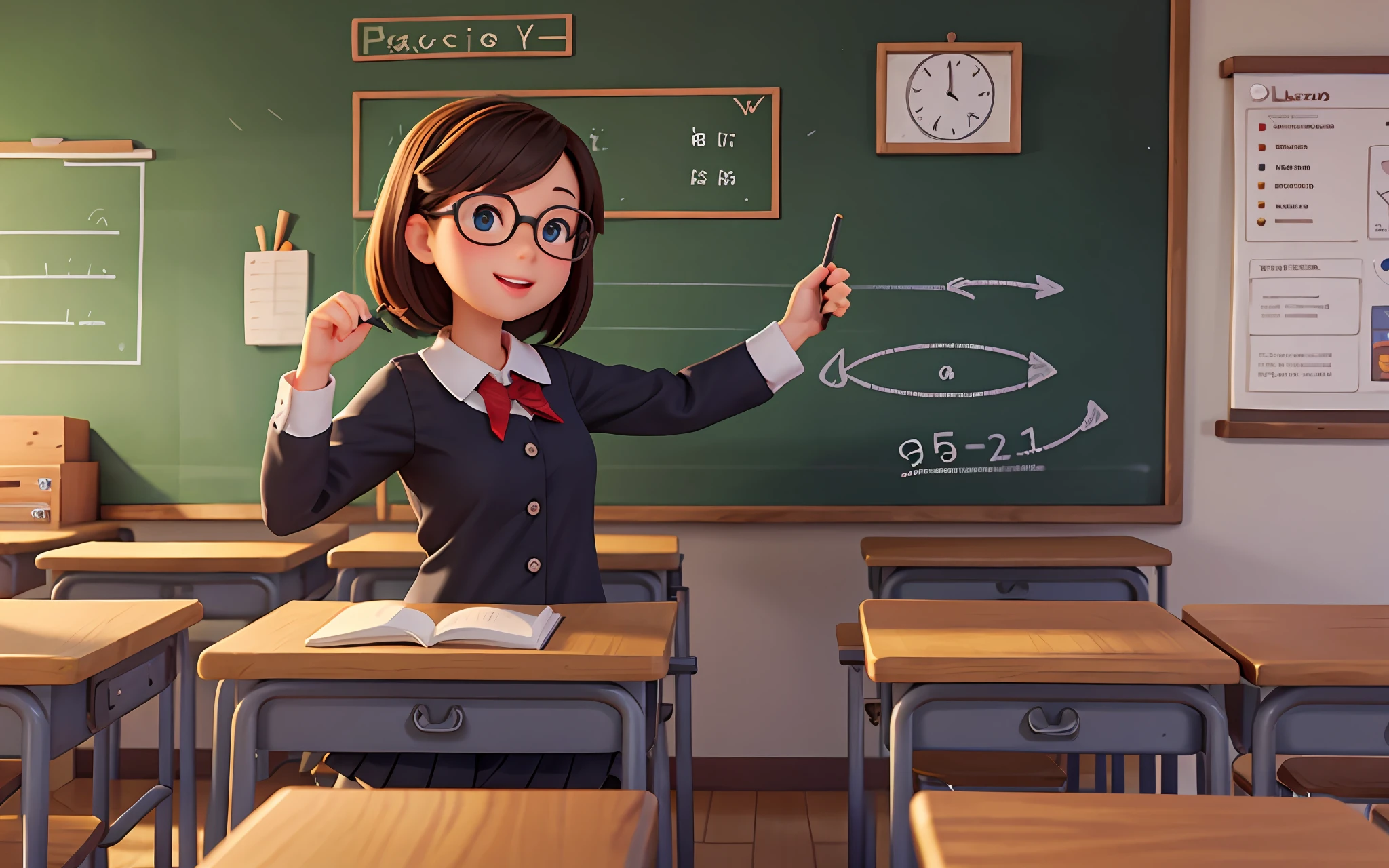 Classroom, blackboard, teacher in class, close-up, illustration