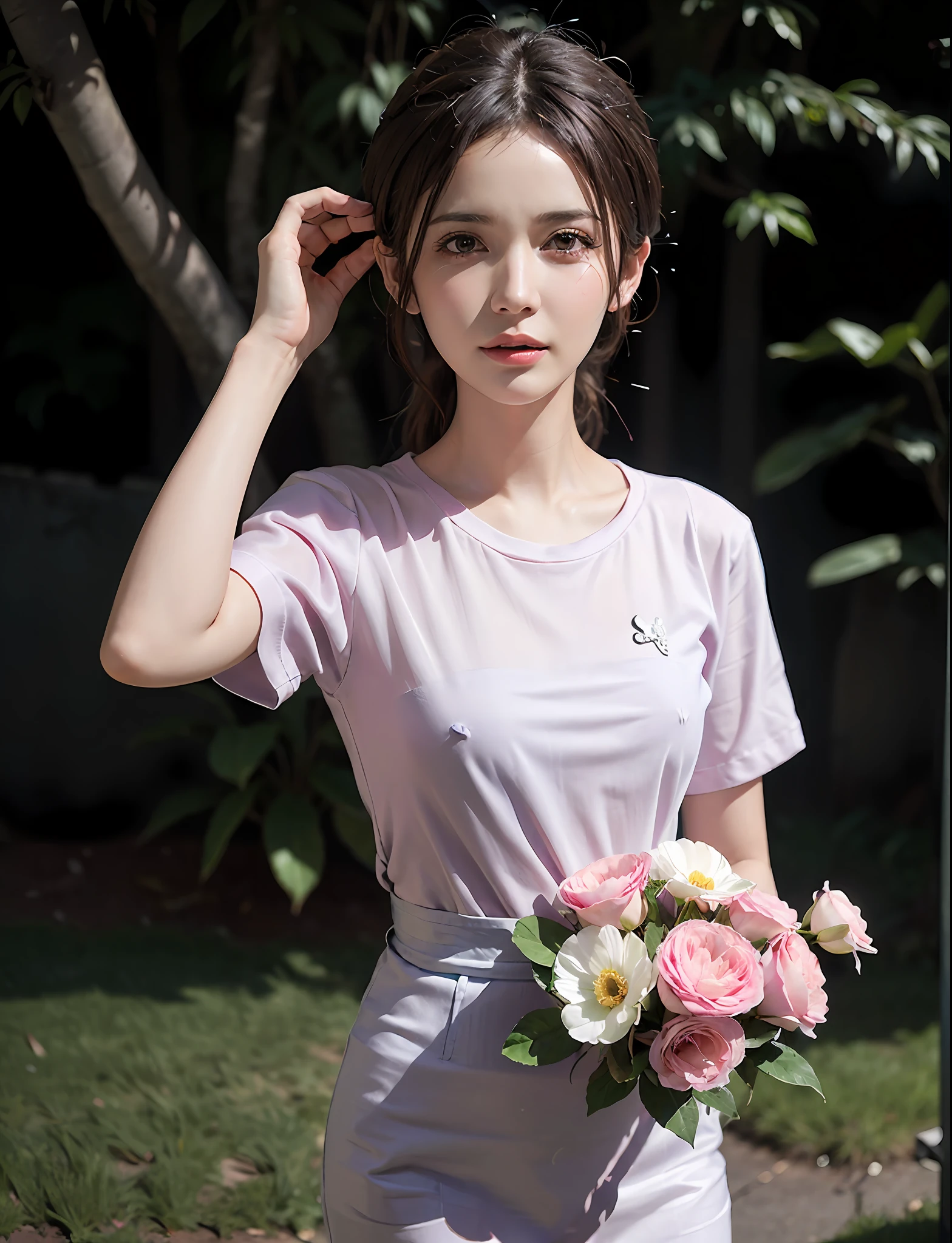 (((flowers splash at side and background))) , t-shirt design, in the style of realistic, ((pastel tetradic colors)), cute and quirky, fantasy art, bokeh, soft lighting, camera face view, retro aesthetic, focused on the character, 4K resolution, photo realistic, dynamic lighting, artstation, poster, volumetric lighting, very detailed faces , camera face , focus at face , life expression ,