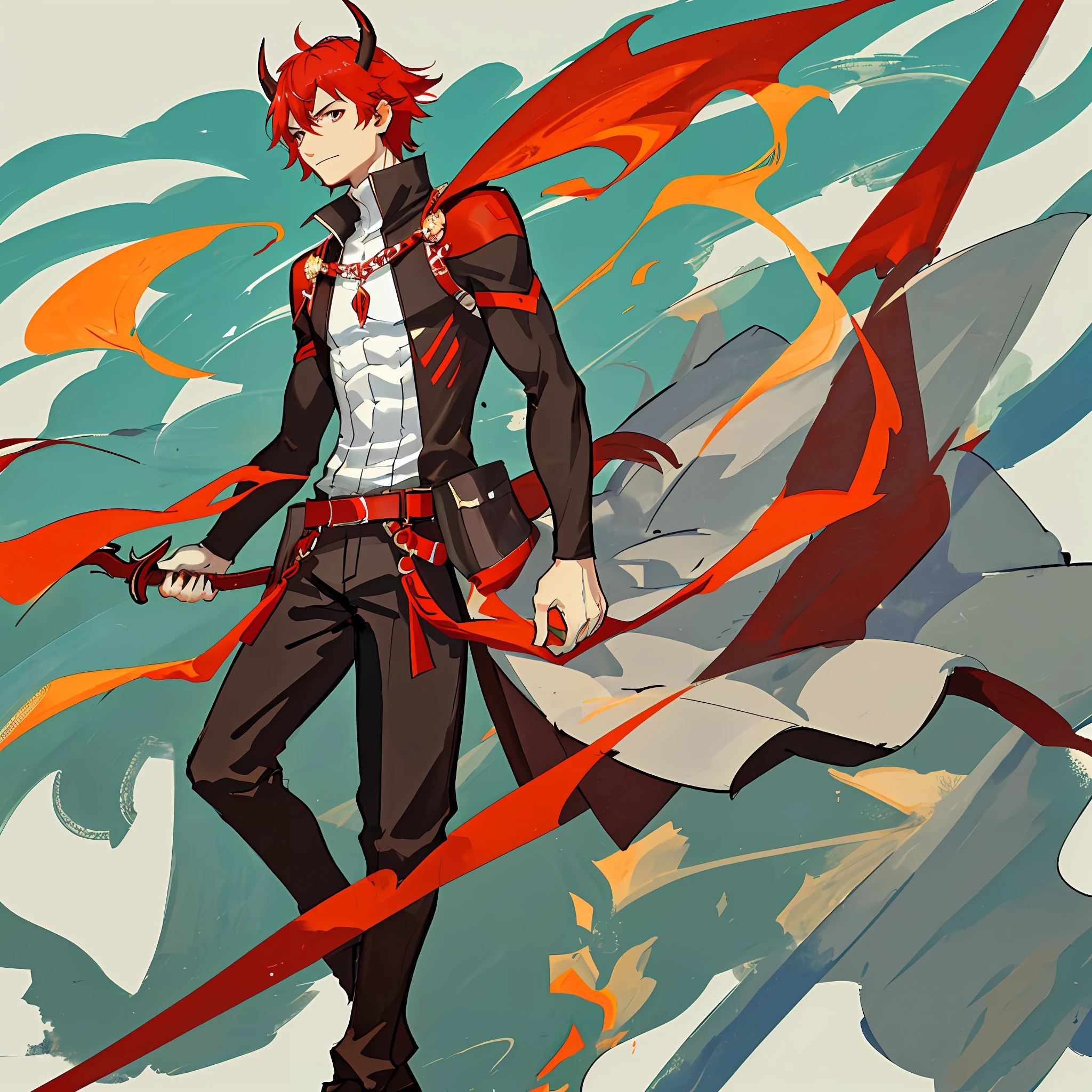 Minimal design, flat color, flat illustration, simple background, man in his 20s, red short hair, kiva, demon, horns on head, tall stature, muscles