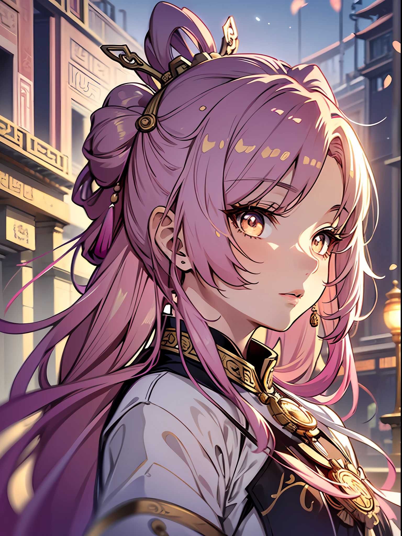 (Illustration style, exquisite masterpiece, best picture quality), a -yeld an girl dressed in a Chinese Tang Dynasty court costume, pink hair in a bun, fluttering hem, golden hair ornaments embellishments, light golden eyes and small, dynamic pose, picture conforms to the golden ratio, large aperture portrait, white space, strong light and shadow contrast), bright tones, dignified elegance, dusk slanting sun, ancient city background, background bokeh, classical style, white and pink as the main tone, Sony master lens, looking up