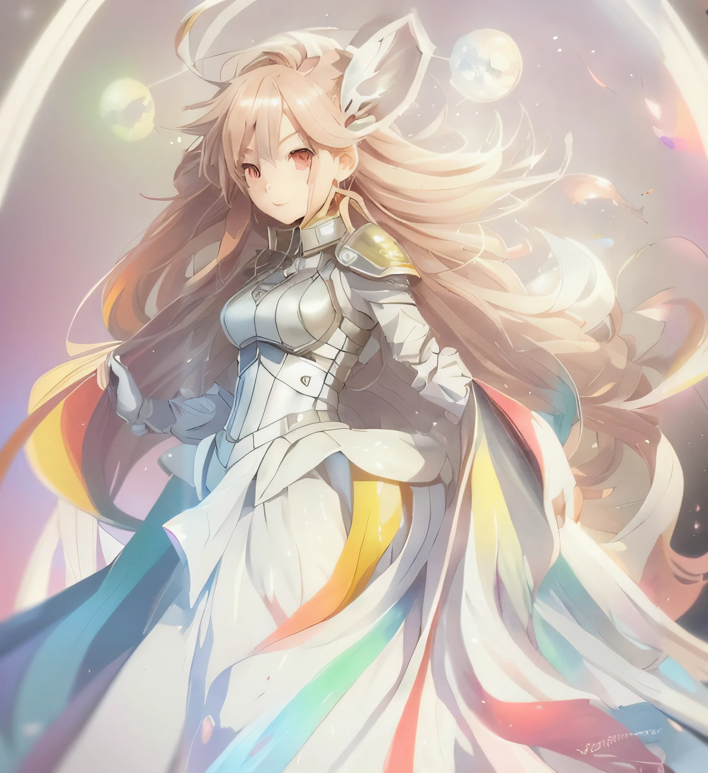anime girl with long hair and a white dress with a rainbow tail, portrait knights of zodiac girl, anime goddess, knights of zodiac girl, inspired by Li Chevalier, white haired deity, dressed in light armor, violet evergarden, angel knight girl, detailed key anime art, hd anime wallaper, alluring elf princess knight, epic light novel art cover