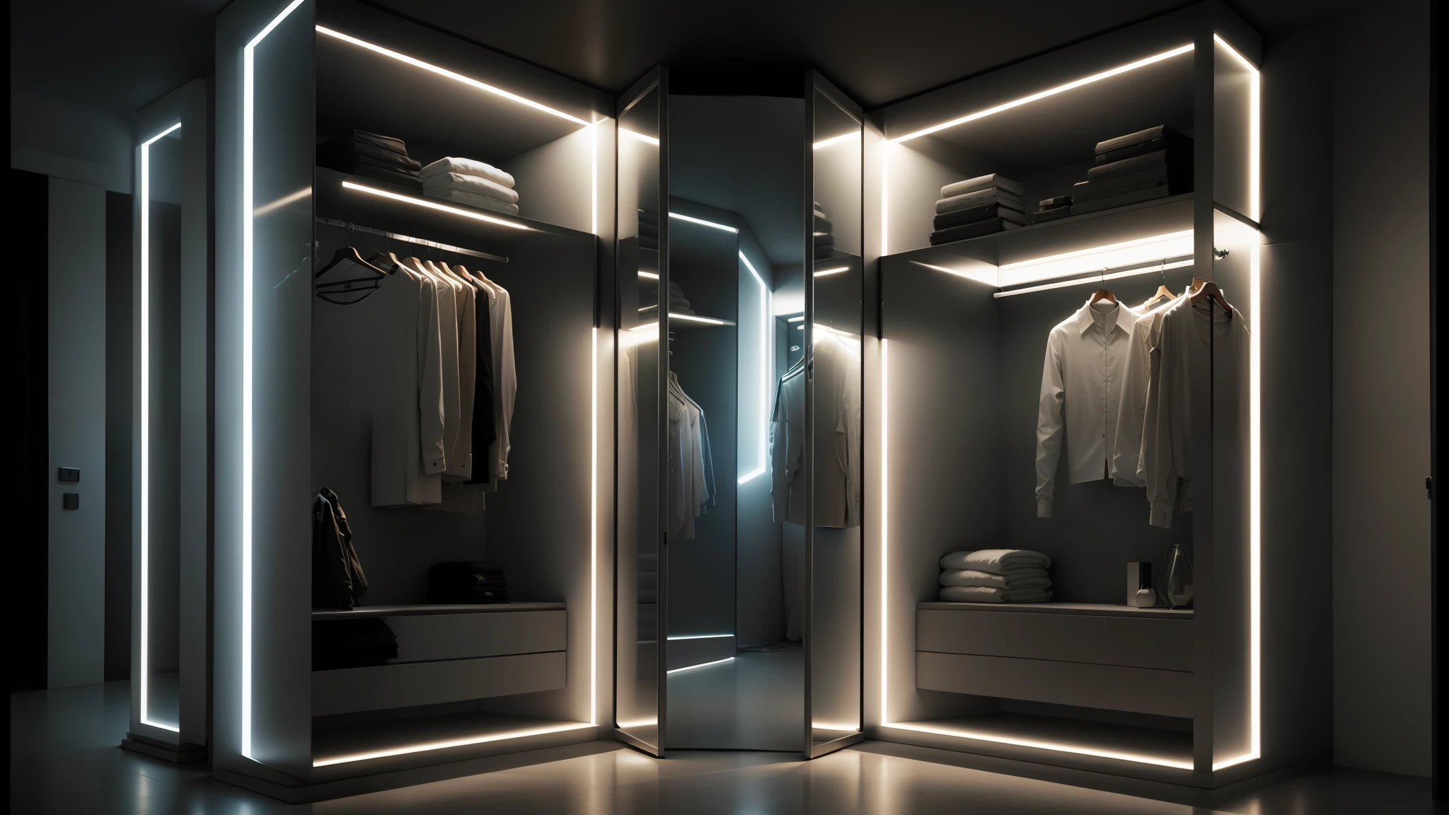 a large open closet with a mirror and clothes on it, elegant futuristic wardrobe, oled lights in corners, futuristic lighting, 5000k white product lighting, elegant wardrobe, volumetric lighting : :, cyberpunk ikea, сinematic lighting, wolumetric lighting, product lighting, 3d lighting, loop lighting, edge lighting, octane lighting, glowing interior lighting --auto --s2