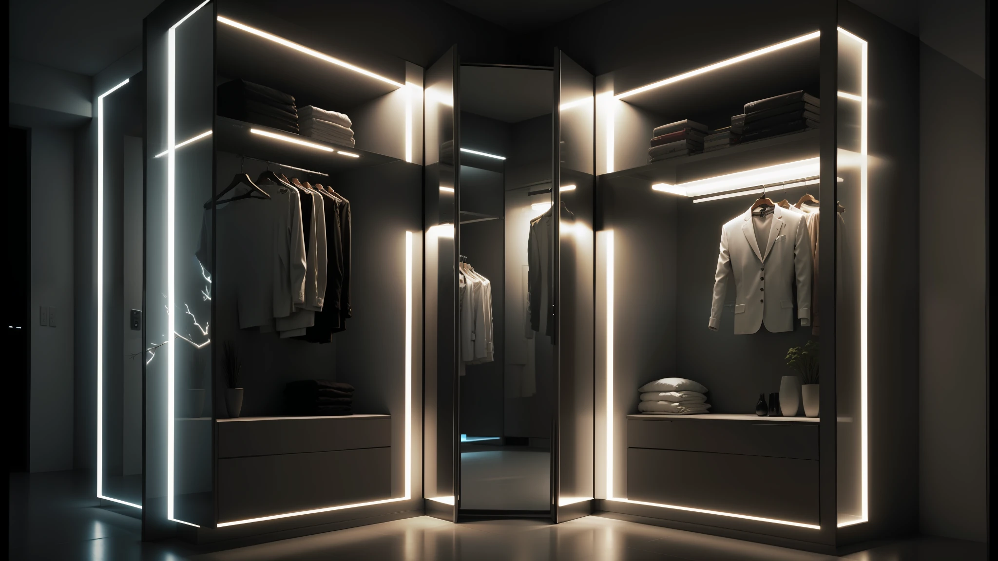 a large open closet with a mirror and clothes on it, elegant futuristic wardrobe, oled lights in corners, futuristic lighting, 5000k white product lighting, elegant wardrobe, volumetric lighting : :, cyberpunk ikea, сinematic lighting, wolumetric lighting, product lighting, 3d lighting, loop lighting, edge lighting, octane lighting, glowing interior lighting --auto --s2