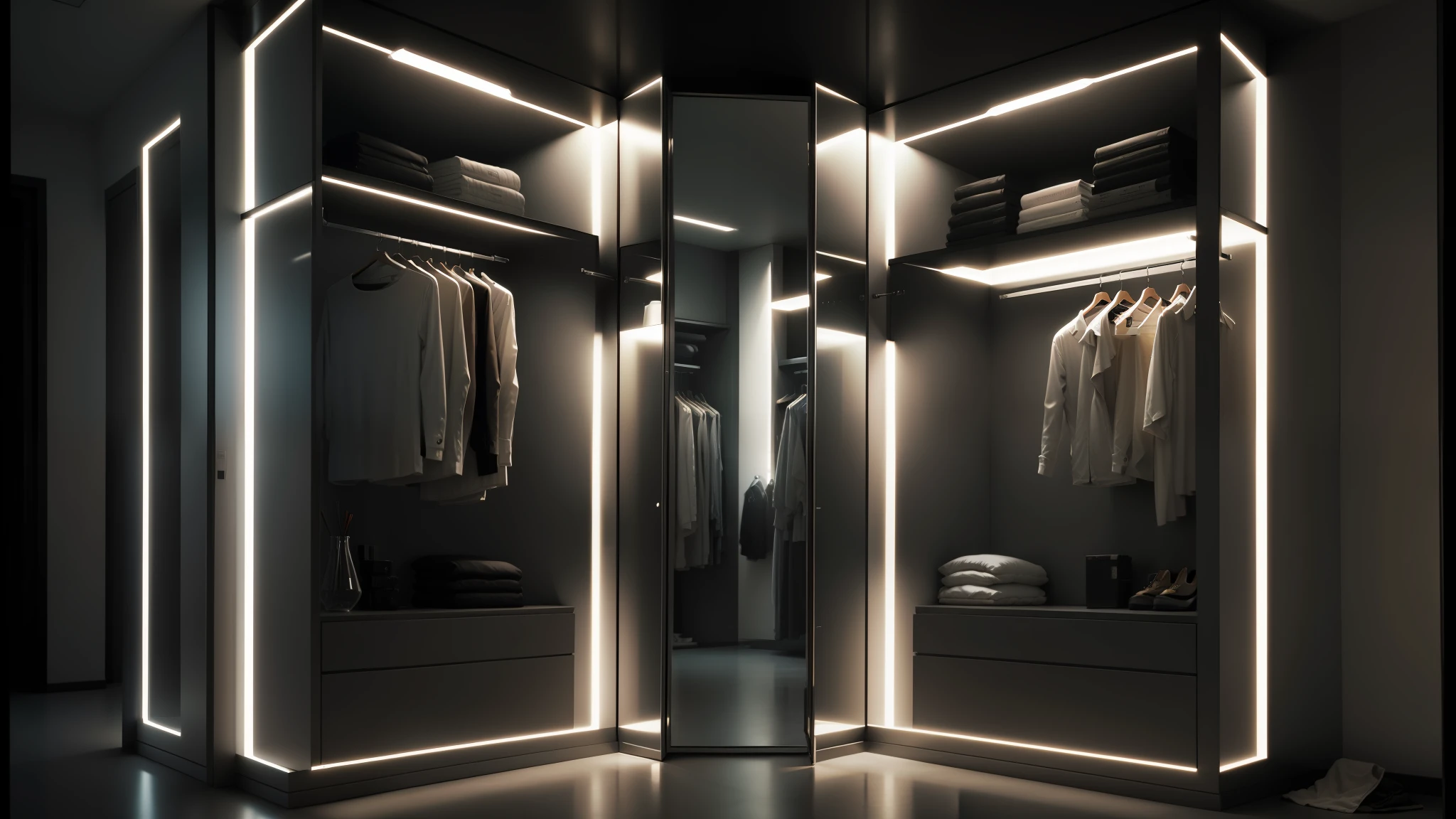 a large open closet with a mirror and clothes on it, elegant futuristic wardrobe, oled lights in corners, futuristic lighting, 5000k white product lighting, elegant wardrobe, volumetric lighting : :, cyberpunk ikea, сinematic lighting, wolumetric lighting, product lighting, 3d lighting, loop lighting, edge lighting, octane lighting, glowing interior lighting --auto --s2