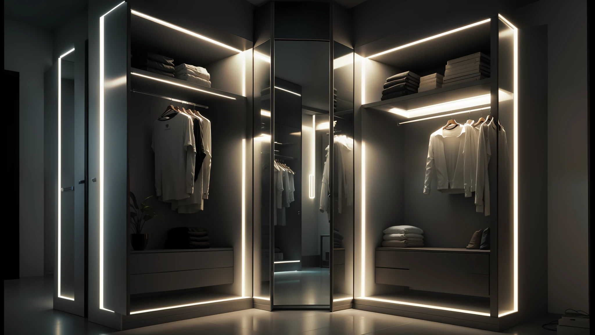 a large open closet with a mirror and clothes on it, elegant futuristic wardrobe, oled lights in corners, futuristic lighting, 5000k white product lighting, elegant wardrobe, volumetric lighting : :, cyberpunk ikea, сinematic lighting, wolumetric lighting, product lighting, 3d lighting, loop lighting, edge lighting, octane lighting, glowing interior lighting --auto --s2