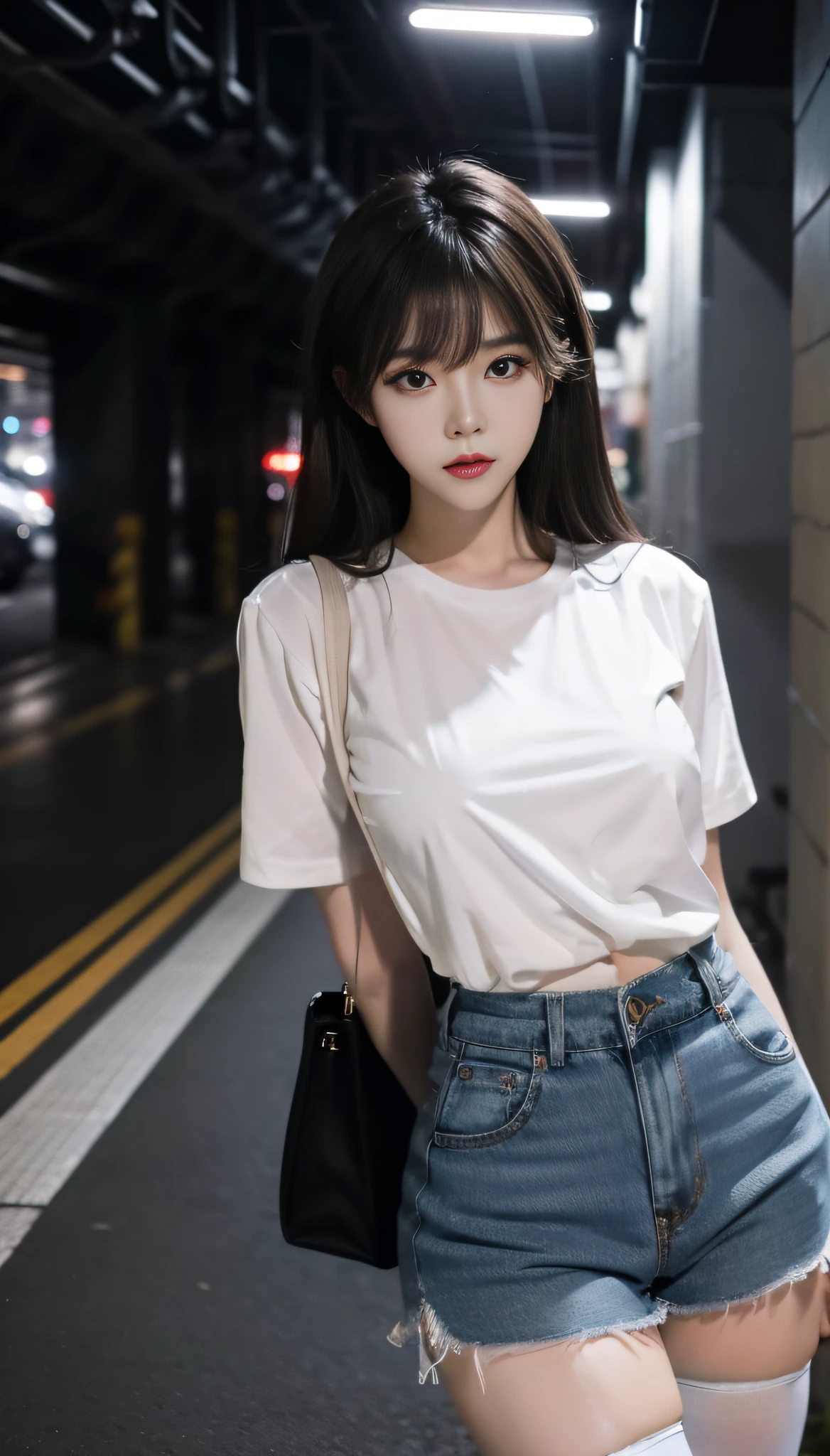 A Korean woman in an underground parking lot, fluffy hair, delicate face, realistic, real, large aperture, wearing a white tight shirt and black pantyhose,