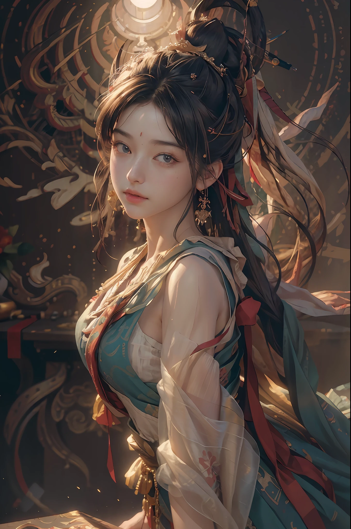 (RAW photo, best quality), (realistic, photo-realistic:1.3),best quality,highly detailed,masterpiece,ultra-detailed,illustration,1girl,upper_body,dynamic angle,world masterpiece theater,messy_long_hair,best quality,extremely detailed CG unity 8k wallpaper,ink,Amazing,cinematic lighting,lens_flare, dunhuang_style