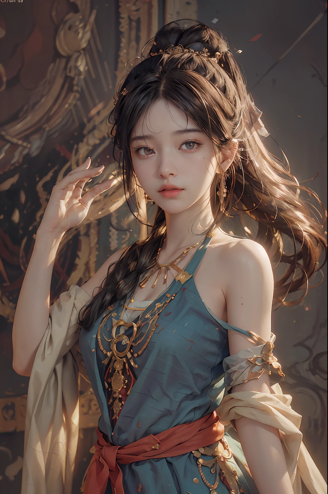 (RAW photo, best quality), (realistic, photo-realistic:1.3),best quality,highly detailed,masterpiece,ultra-detailed,illustration,1girl,upper_body,dynamic angle,world masterpiece theater,messy_long_hair,best quality,extremely detailed CG unity 8k wallpaper,ink,Amazing,cinematic lighting,lens_flare, dunhuang_style