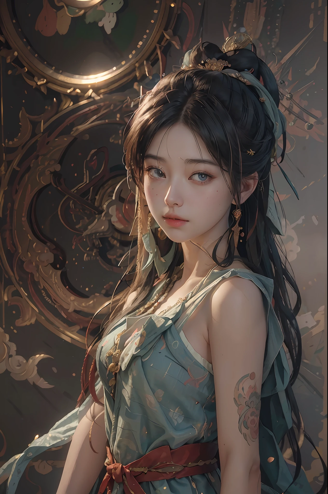 (RAW photo, best quality), (realistic, photo-realistic:1.3),best quality,highly detailed,masterpiece,ultra-detailed,illustration,1girl,upper_body,dynamic angle,world masterpiece theater,messy_long_hair,best quality,extremely detailed CG unity 8k wallpaper,ink,Amazing,cinematic lighting,lens_flare, dunhuang_style