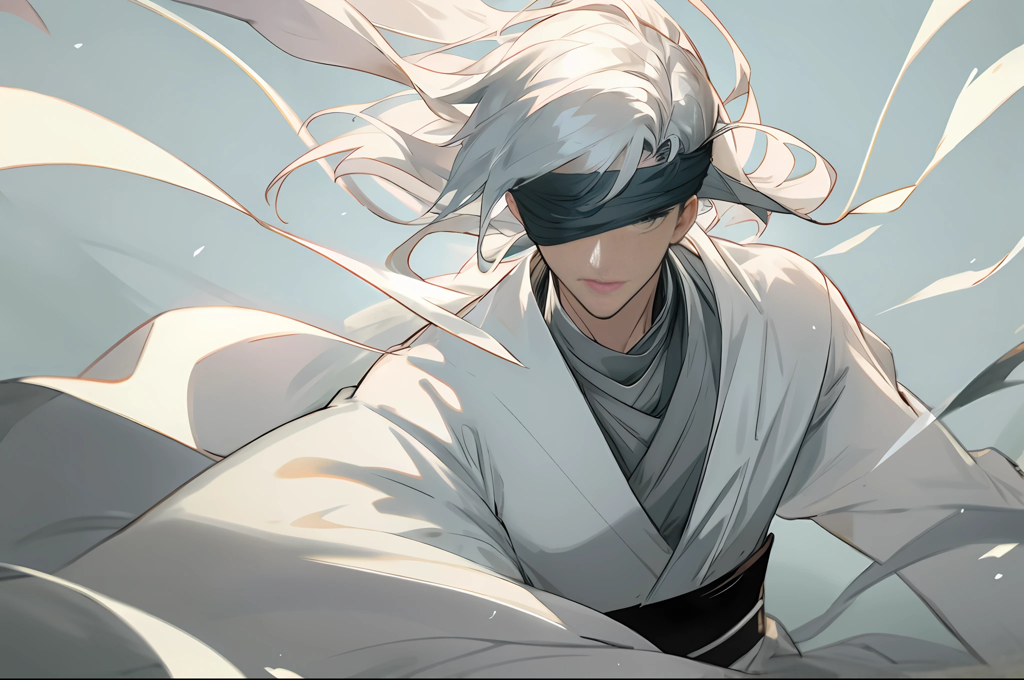 (A blind cool sense of beautiful young man wearing white clothes), flowing sleeves, big watery eyes, (blinded folded,white blindfolded), beautiful face and smooth white skin, delicate face, fluttering black hair, an ancient Chinese handsome guy, wearing ancient Chinese clothing, flowing tulle, light silk,(clean background), ink painting style, clean color, decisive cutting, blank, freehand, masterpiece, super detailed, epic composition, high quality, the highest quality, 4k