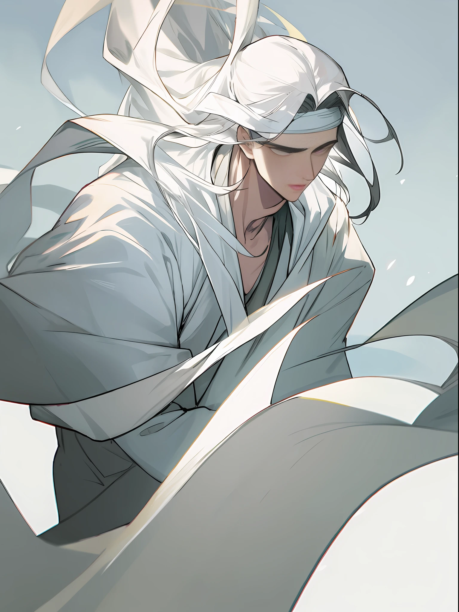 (A blind cool sense of beautiful young man wearing white clothes), flowing sleeves, big watery eyes, (blinded folded,white blindfolded), beautiful face and smooth white skin, delicate face, fluttering black hair, an ancient Chinese handsome guy, wearing ancient Chinese clothing, flowing tulle, light silk,(clean background), ink painting style, clean color, decisive cutting, blank, freehand, masterpiece, super detailed, epic composition, high quality, the highest quality, 4k