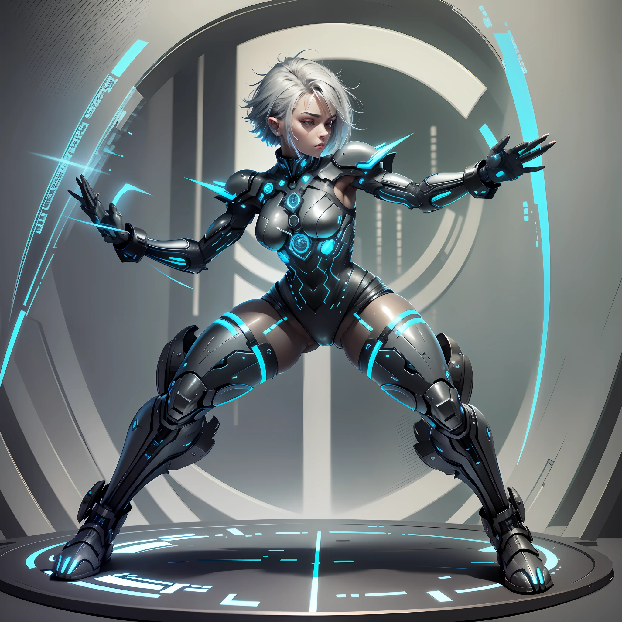 full-body character, short silver hair. Adjusted combat suit with neon blue and black details. Visible cybernetic implants in the arms and legs. Retractable daggers with energy blades as primary weapons. --auto --s2