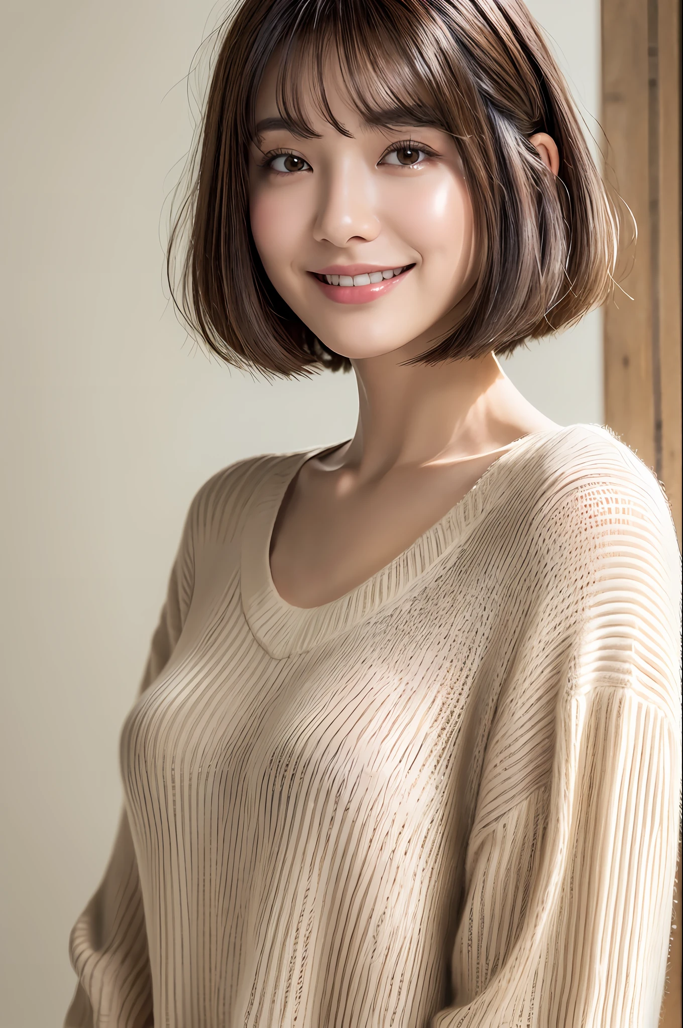 Top Quality, Masterpiece, Ultra High Resolution, (Photorealistic: 1.4), Diagonal Sideways, 1 Girl, Dark Brown Short Hair, (Bobobs Bobcut: 1.4, Bangs, Patsun), Smile, Glossy Skin, Dramatic Lighting, Neat, T-Shirt, White Summer Sweater, (Big: 0.9), Park