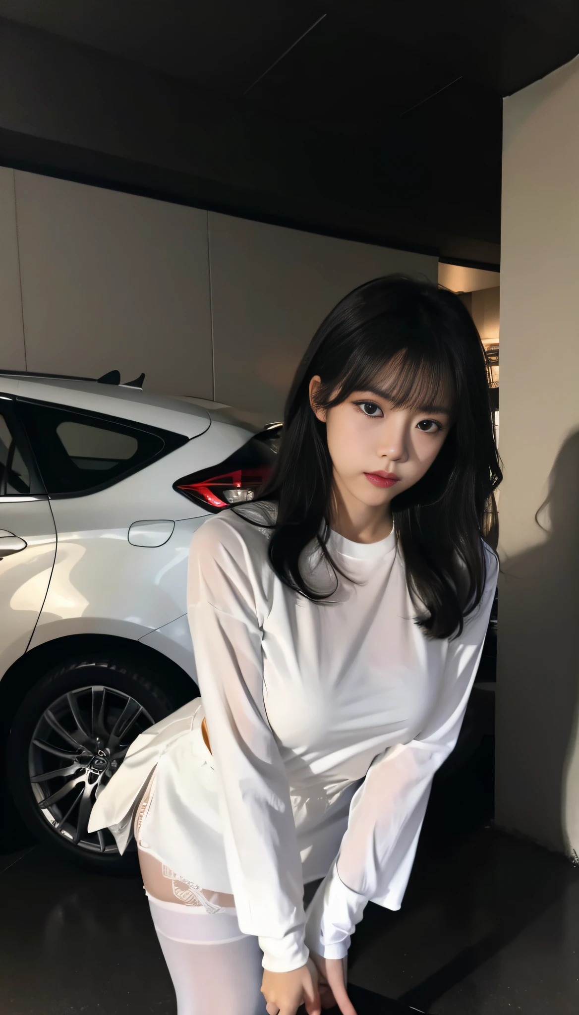 A Korean woman in an underground parking lot, fluffy hair, delicate face, realistic, real, large aperture, wearing a white tight shirt and black pantyhose, seam stockings, translucent,