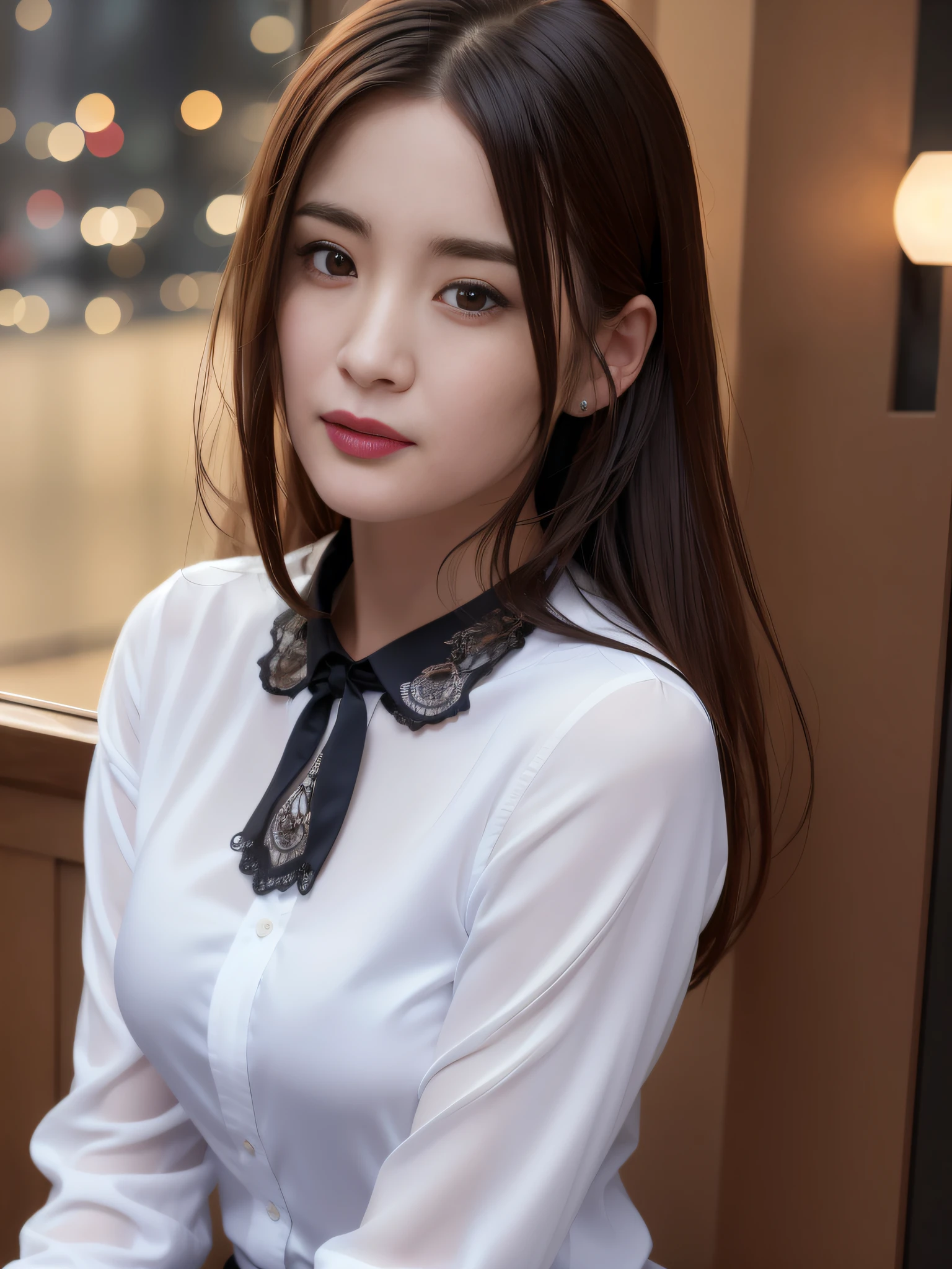 there is a woman sitting in a chair with a white shirt and black tie, gorgeous young korean woman, beautiful young korean woman, beautiful south korean woman, korean girl, dilraba dilmurat, young adorable korean face, korean woman, portrait of female korean idol, young cute wan asian face, gorgeous chinese model, korean women's fashion model, chinese girl