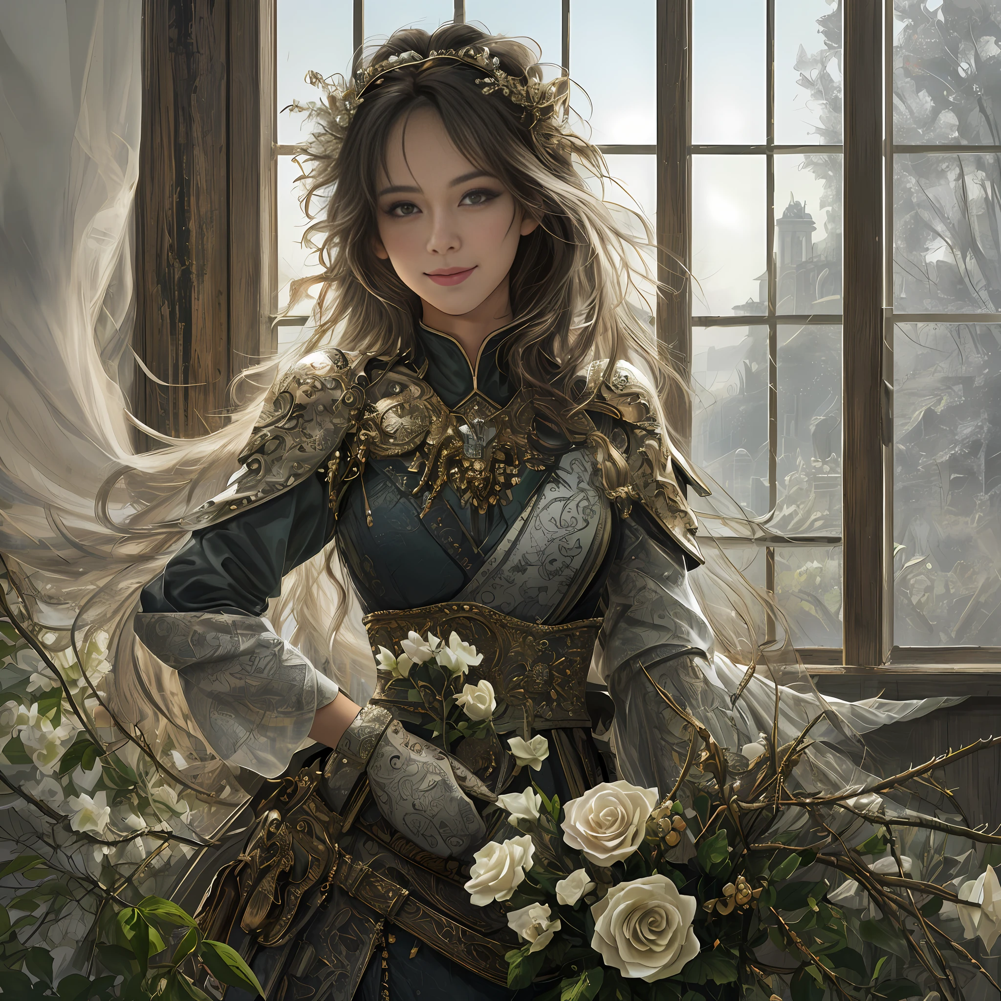 masterpiece, best quality, ultra realistic, hyper-detailed, 8k resolution, RAW photo, (1girl), solo, smile, gorgeous face, perfect body, mature female, 30yo, nighrgown, sexy, messy hair, waist high portrait, at the window, sun light, posing like model, posing for photo