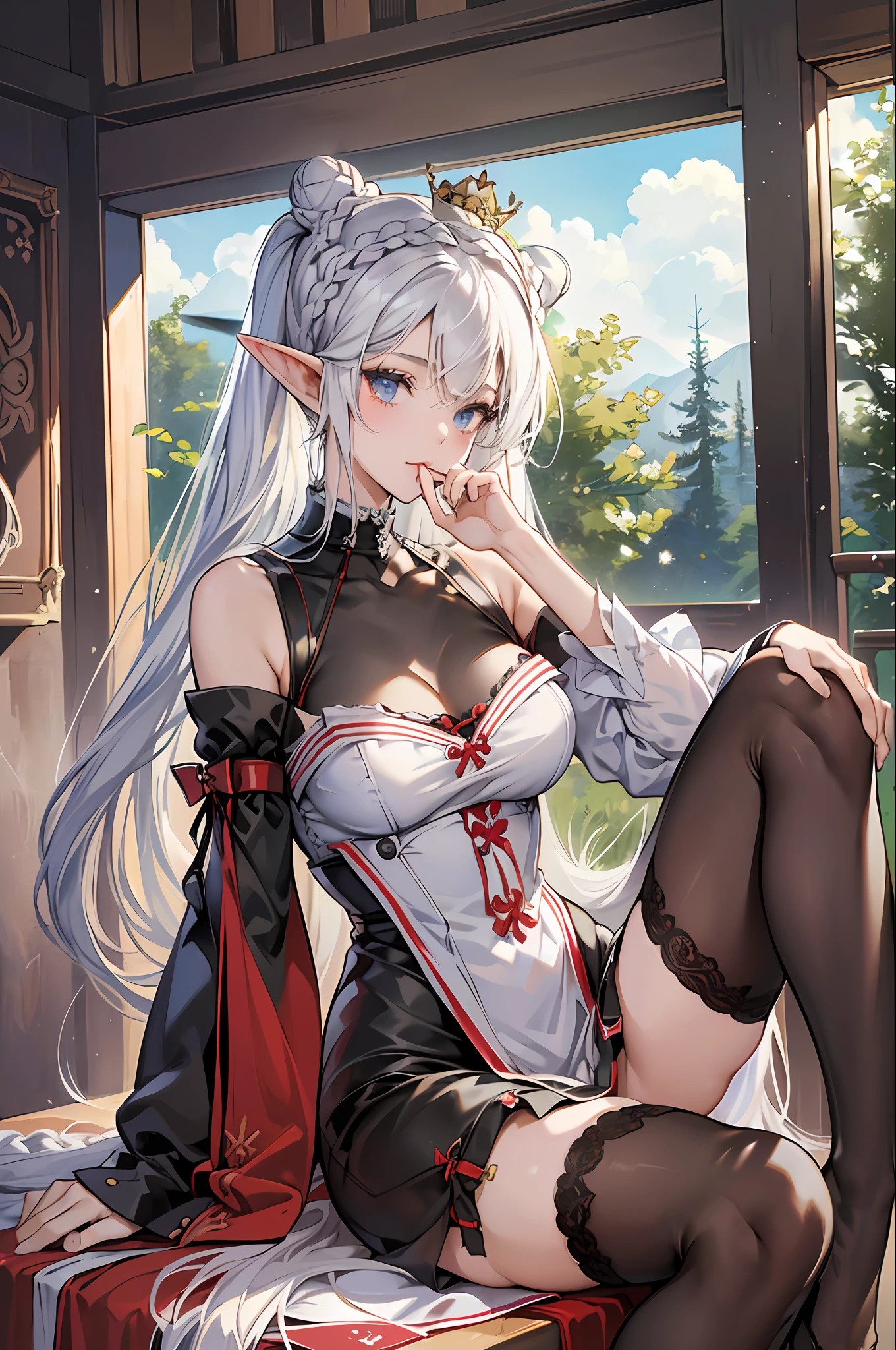 (Masterpiece:1.2, high quality),
ultra-detailed,finely detail,photorealistic,(pixiv:1.2),1girl, solo,(foot focus),(implied after,
(nun | maid | devil | miko | elf | angel ),
(skinny | curvy),
white hair, (hair bun|twintails|crown braid),
bare shoulders, off shoulder collarbone, bow, hair bow
thighs,(thighhighs),(skindentation),
(Sexy clothes),
looking at viewer,hand to mouth,armpits,spread legs,(one leg lift),
classroom --auto --s2