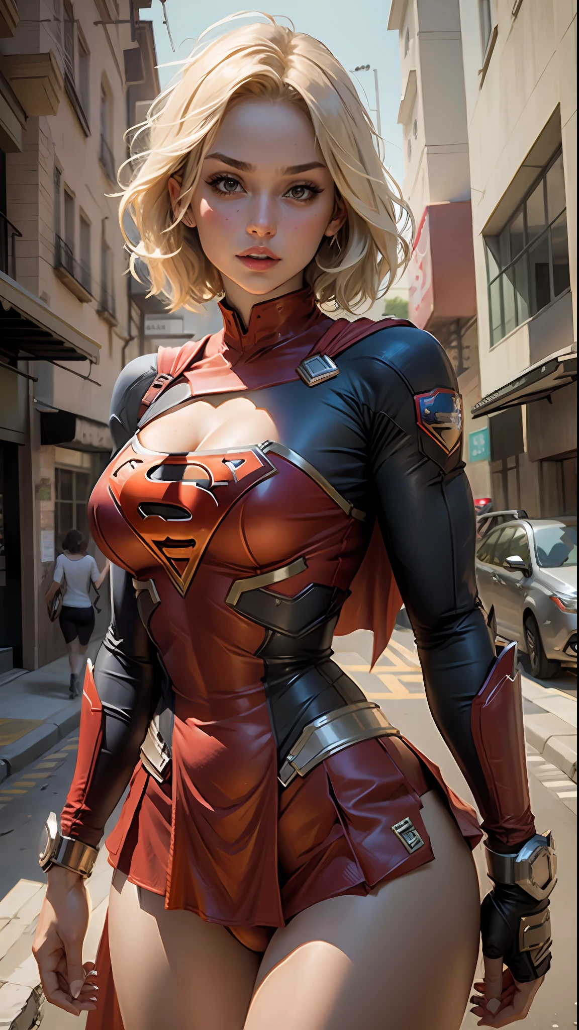 Beautiful woman short hair defined body big breasts, wearing Supergirl cosplay