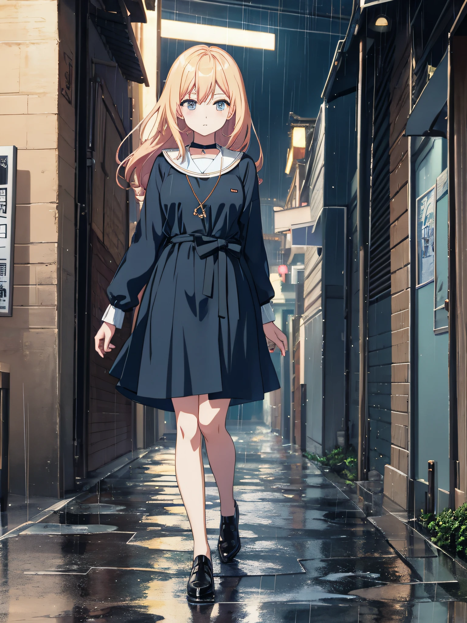 Anime, Two-dimensional, Ink Wind, Gangnam, Shoujo, Rainy Day, Expressionless Girl, Antique, Single, Full Body, Proportional Square, Bluestone Alley