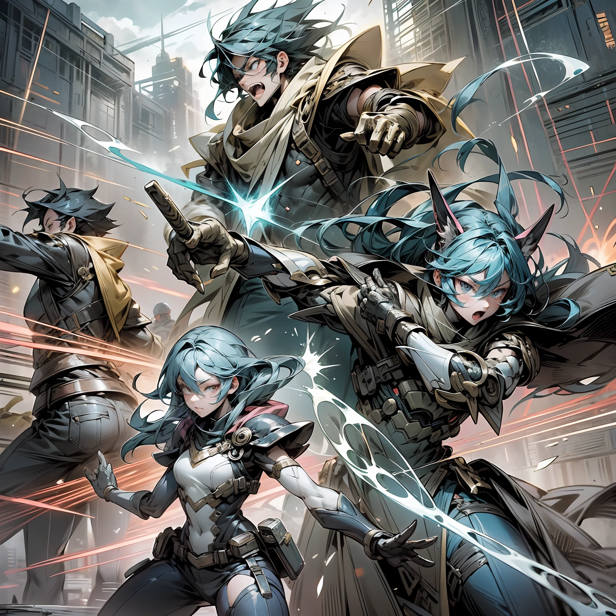 "Please create an image for a captivating and exciting anime. The image should depict a group of young heroes fighting against evil forces. They should be in a stunning, action-packed setting, such as a futuristic city or an epic battlefield. Each character should have a unique and expressive look, with detailed clothing and distinctive features. Be sure to capture the energy and intensity of the moment, with dynamic poses and exciting visual effects. If possible, add some fantasy elements or special powers to increase the appeal of the anime. I would like the image to be colorful and vibrant, to convey the exciting atmosphere of the story. Thank you!" --auto --s2