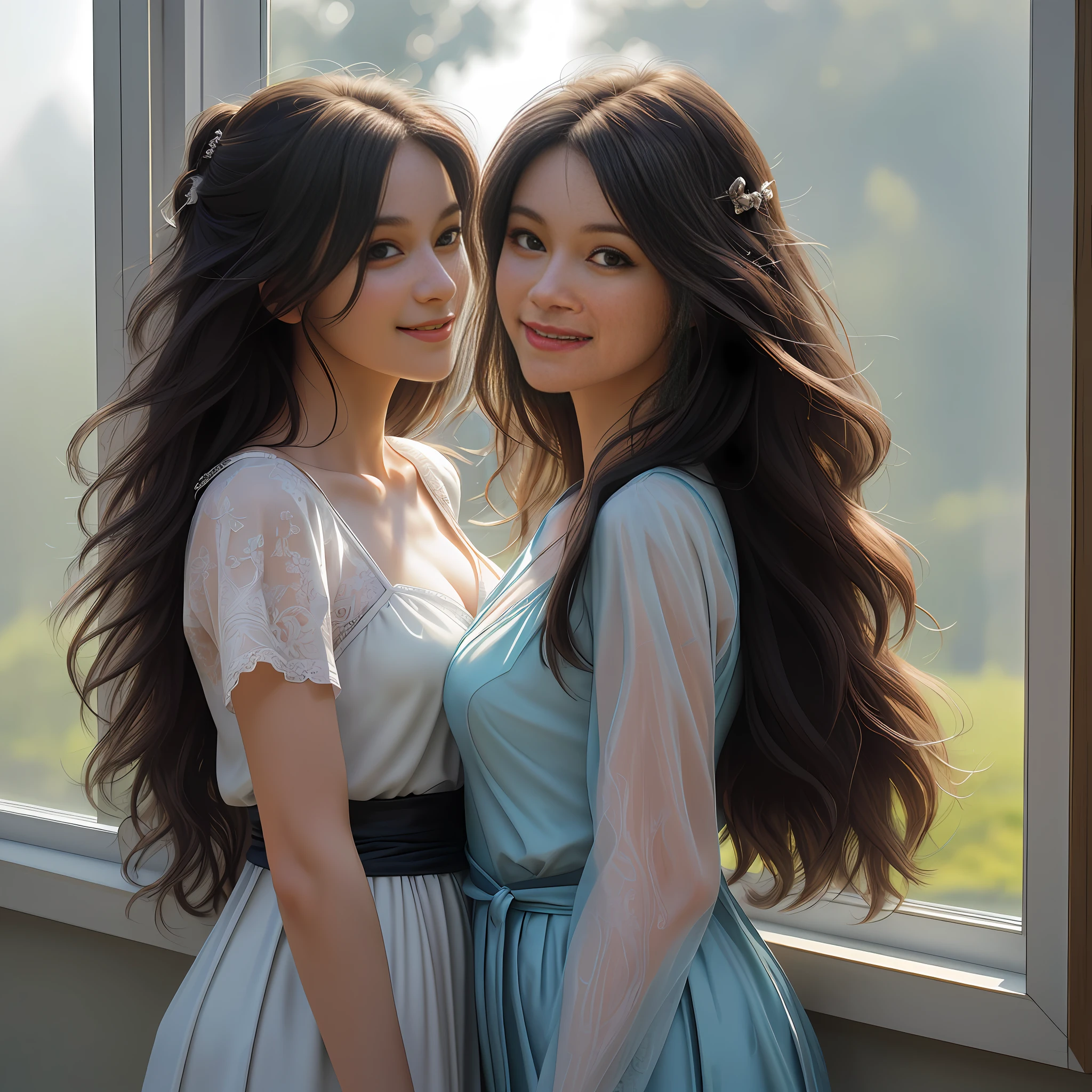 masterpiece, best quality, ultra realistic, hyper-detailed, 8k resolution, RAW photo, (2 girls), two girls looking at each others, smile, gorgeous face, perfect body, mature female, 30yo, nighrgown, sexy, messy hair, waist high portrait, at the window, sun light, posing like model, posing for photo
